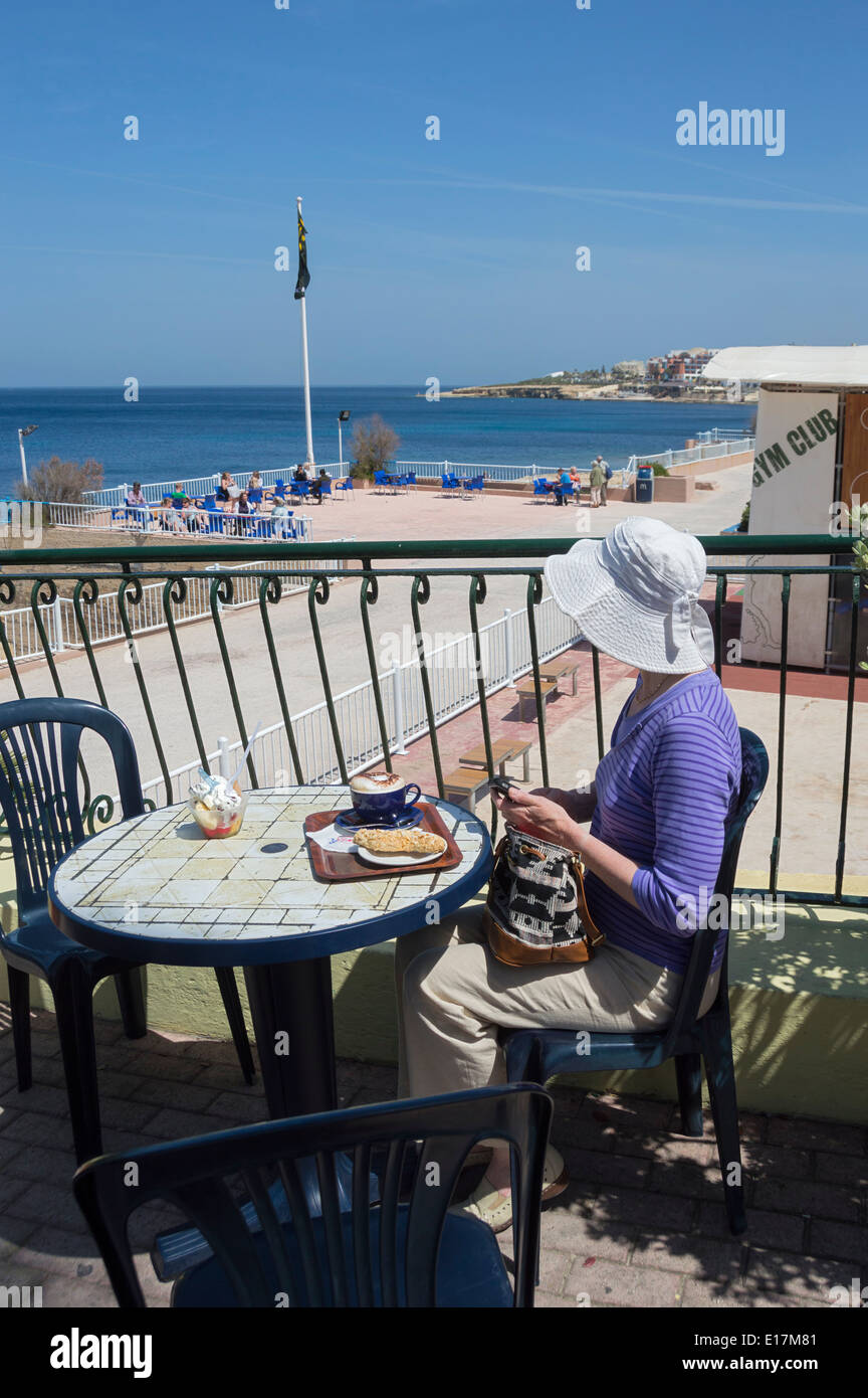 Bugibba, St Paul's bay, sea front, restaurant, food, northern Malta, Europe. Stock Photo