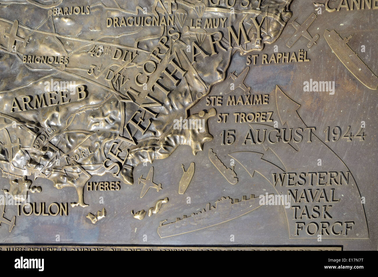 Map of Provence Landings during World War Two  or Second World War 15 August 1944; Memorial Plaque Draguignan American Cemetery Stock Photo