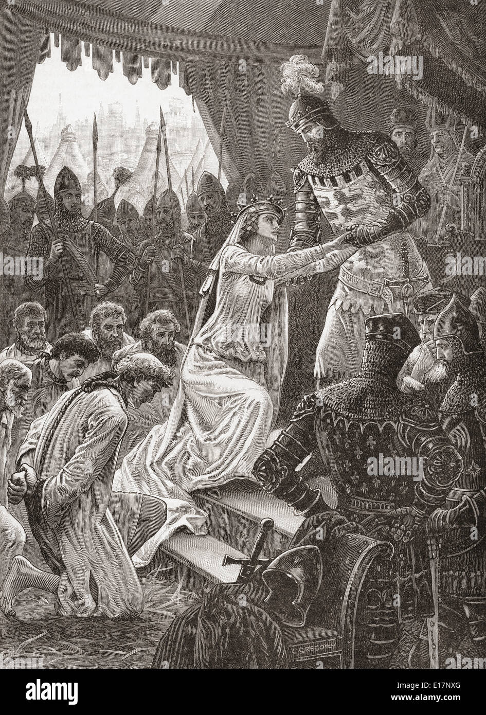 Philippa of Hainaut persuading her husband king Edward III, to spare the lives of the Burghers of Calais in 1347. Stock Photo