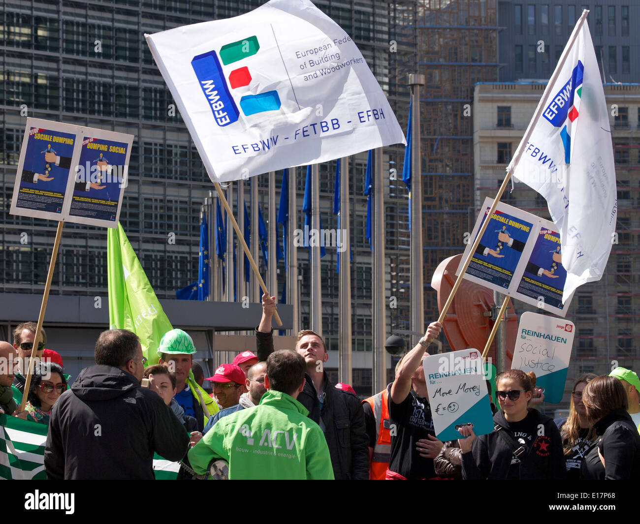 Workers protesting at European Commission in Brussels, Belgium Stock Photo