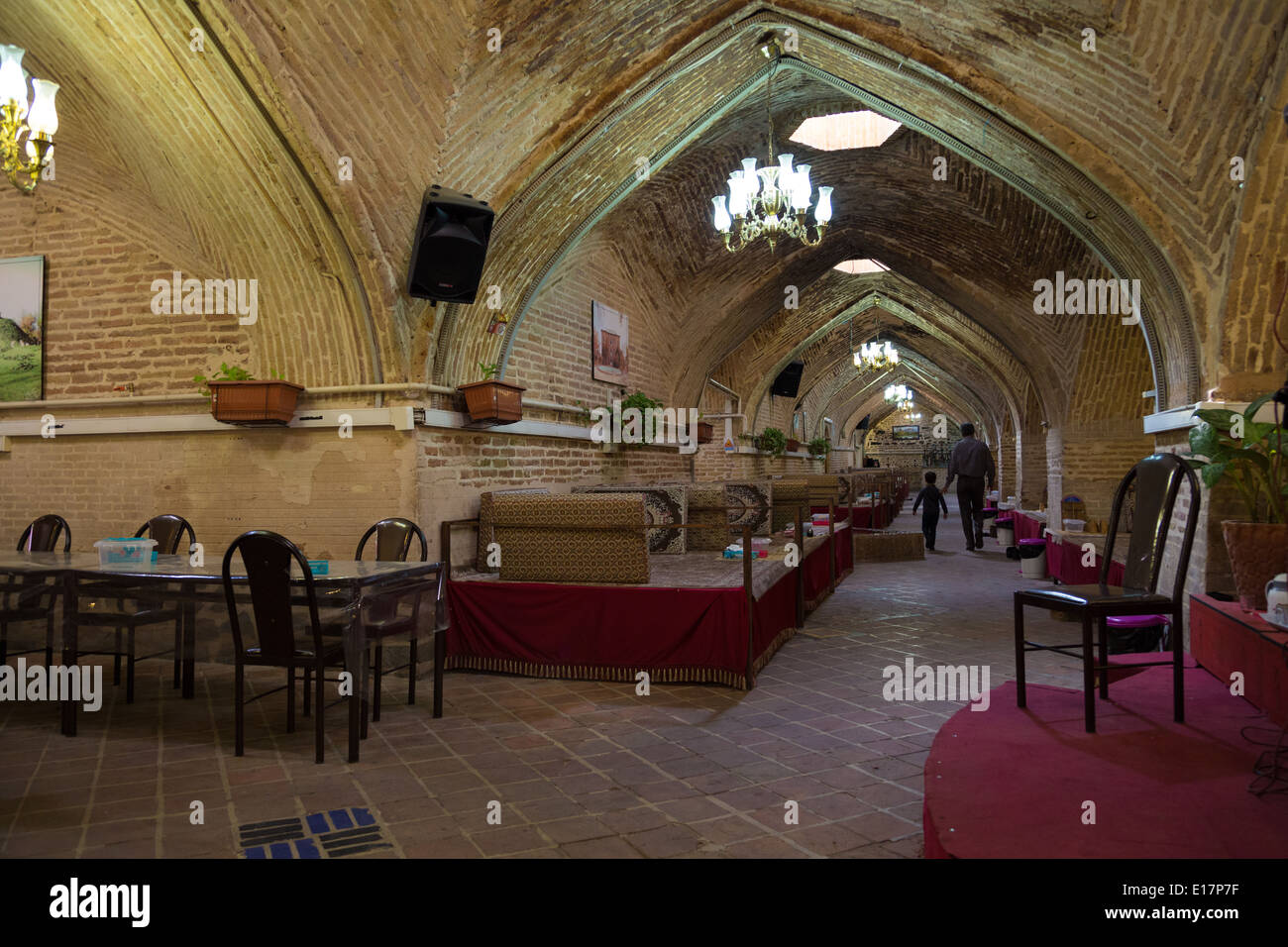 Inside a restored caravanserai now used as a restaurant, Zanjan, Iran Stock Photo