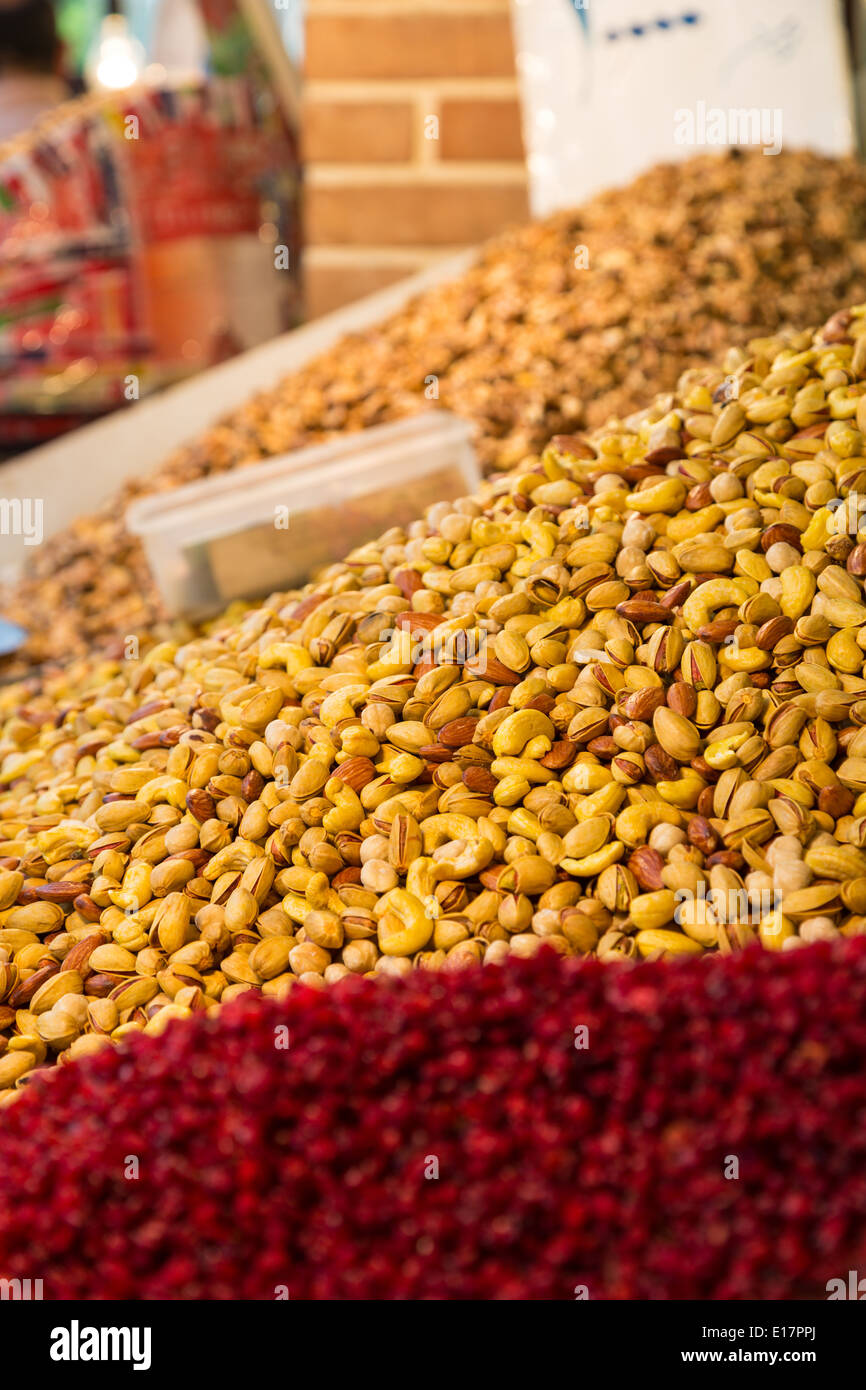 Piles of fruit and nuts on a market stall outside the main bazaar in Tehran Stock Photo