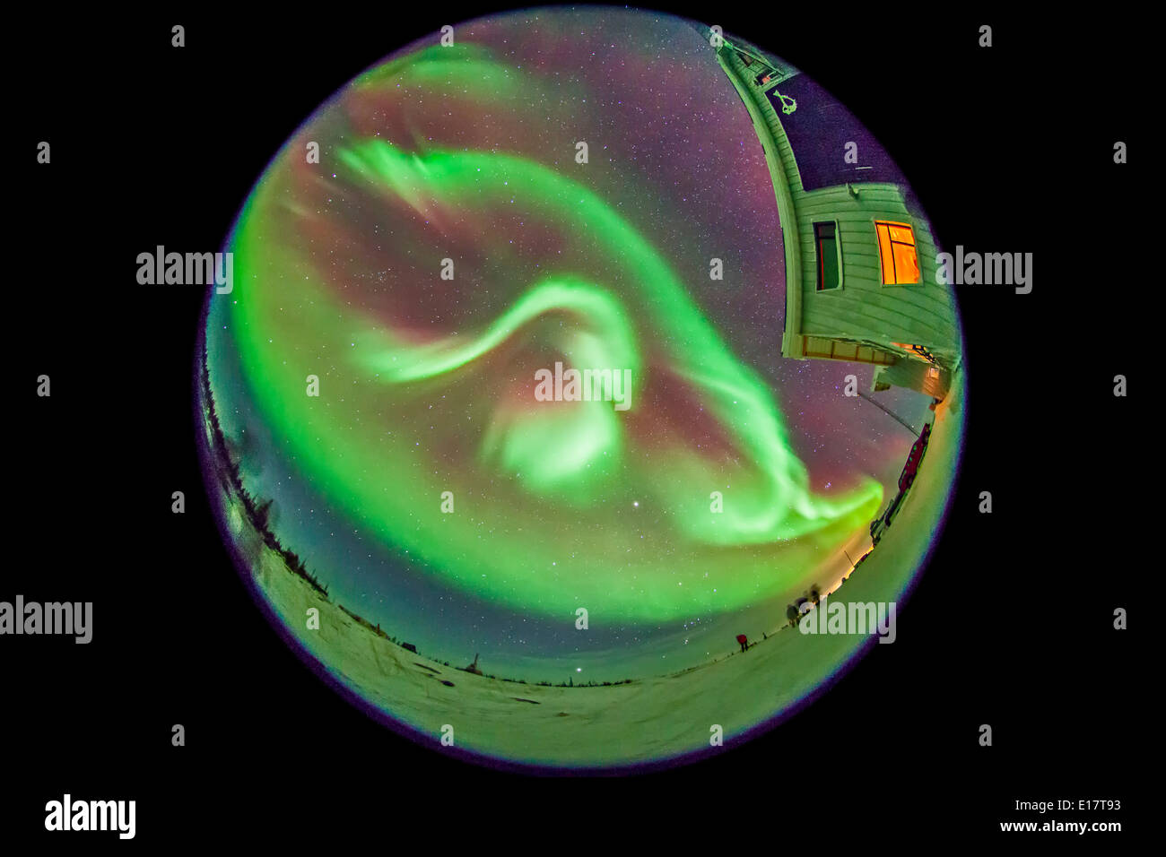 The aurora of February 3-4, 2014 seen from Churchill, Manitoba at the Churchill Northern Studies Centre, in an all-sky view with Stock Photo
