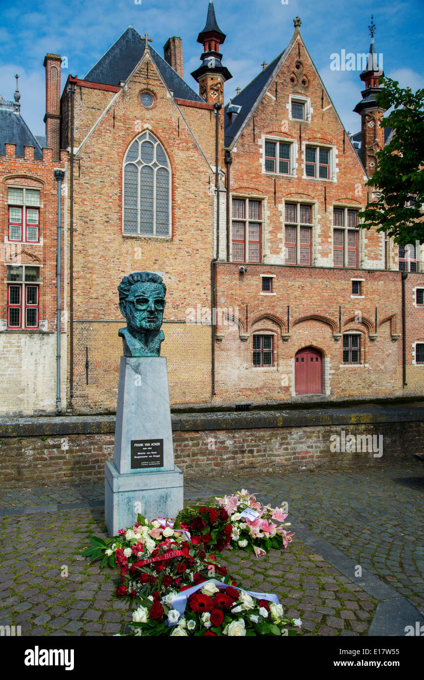 Frank Van Acker memorial along the canal wall in Bruges, a well-loved socialist mayor of Bruges, Belgium Stock Photo