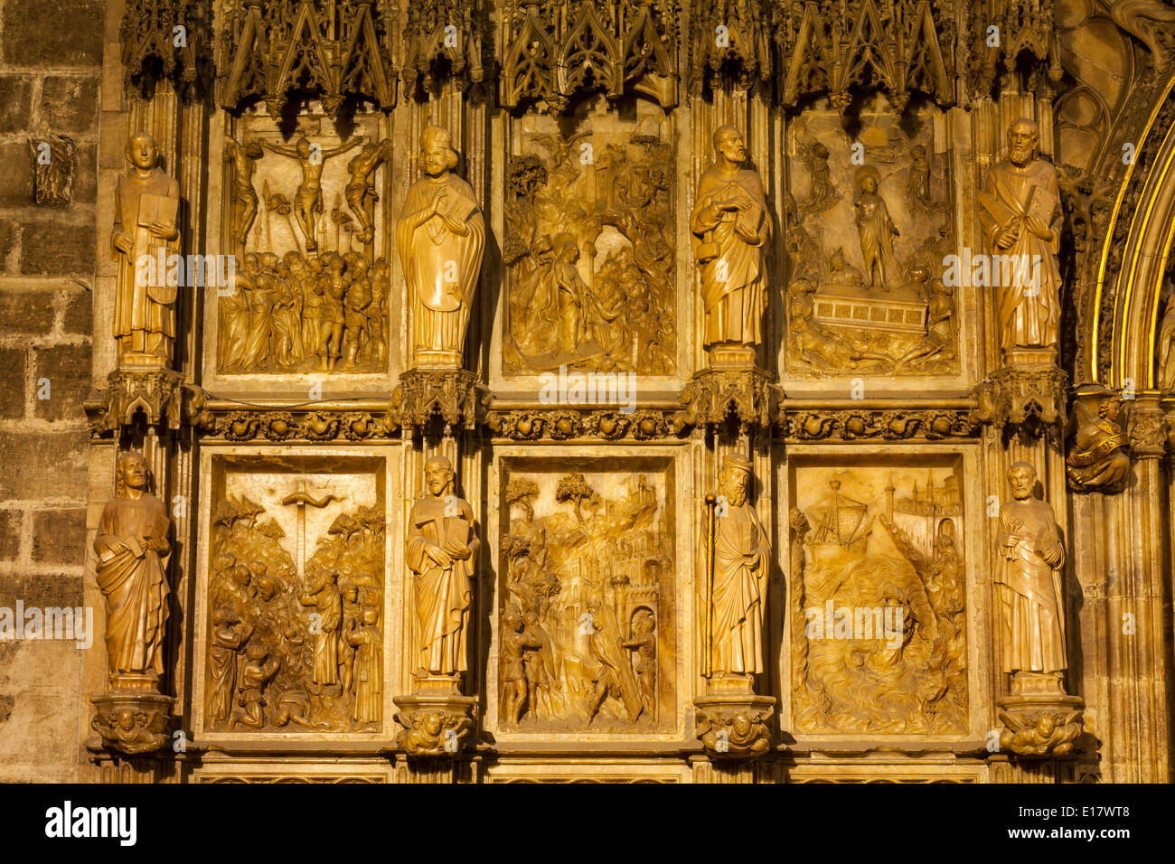 Gothic stone carvings inside the Chapter House of Valencia cathedral. Stock Photo