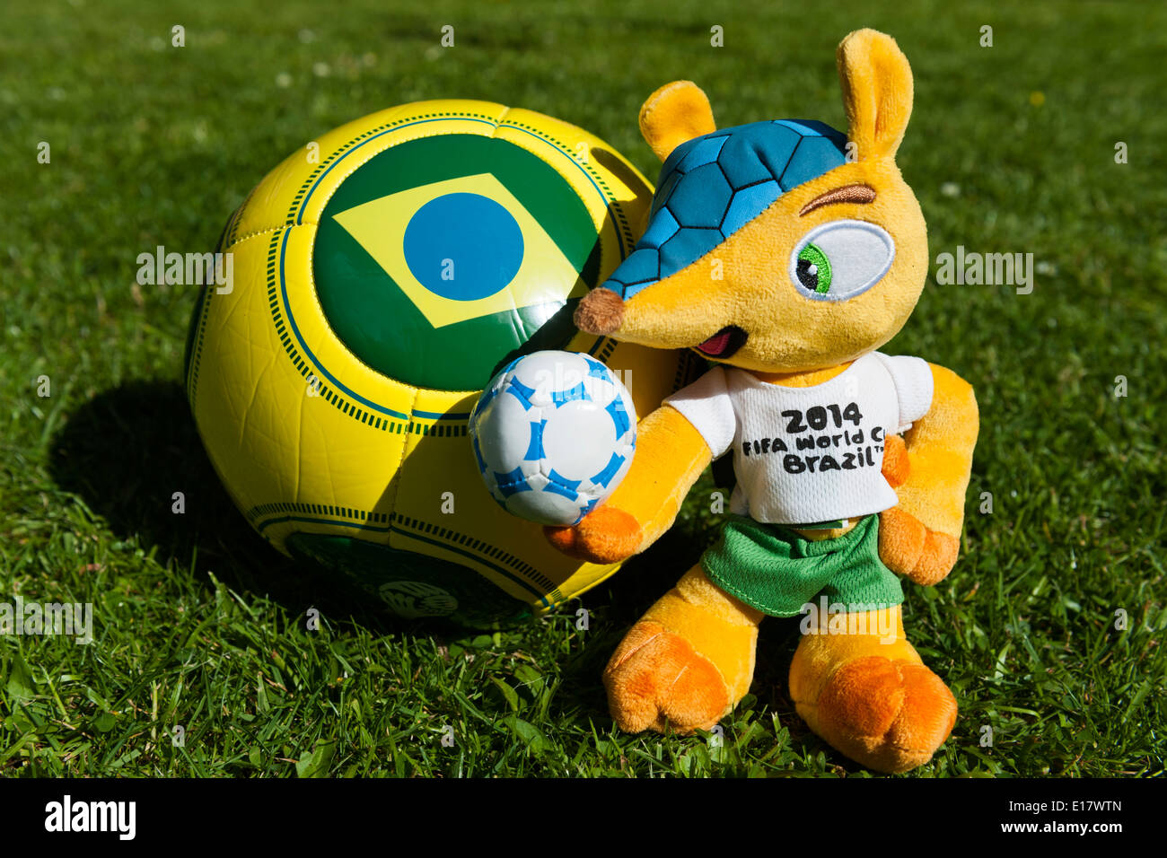 'Fuleco the Armadillo' Mascot and football for Brazil World Cup 2014. Stock Photo