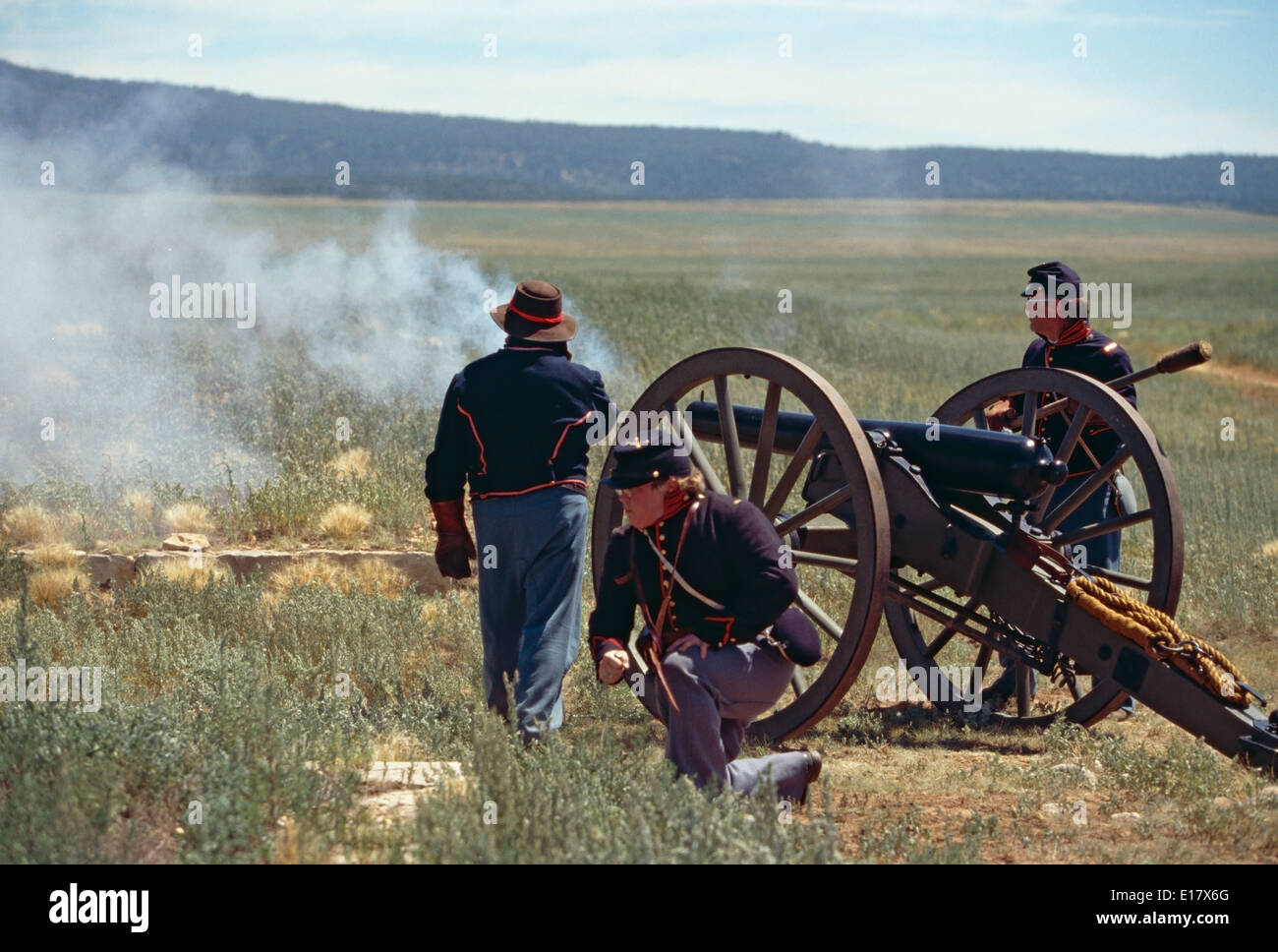 Firing of Civil War Era cannon by soldier reenactors, Fort Union National Monument, New Mexico USA Stock Photo