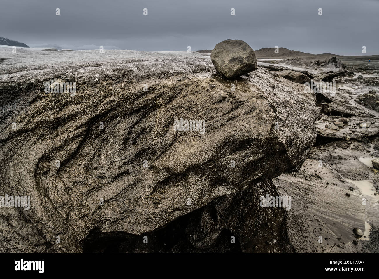 Glacial Moraine-Large rocks by Flaajokull Glacier, Vatanjokull Ice Cap, Iceland Stock Photo