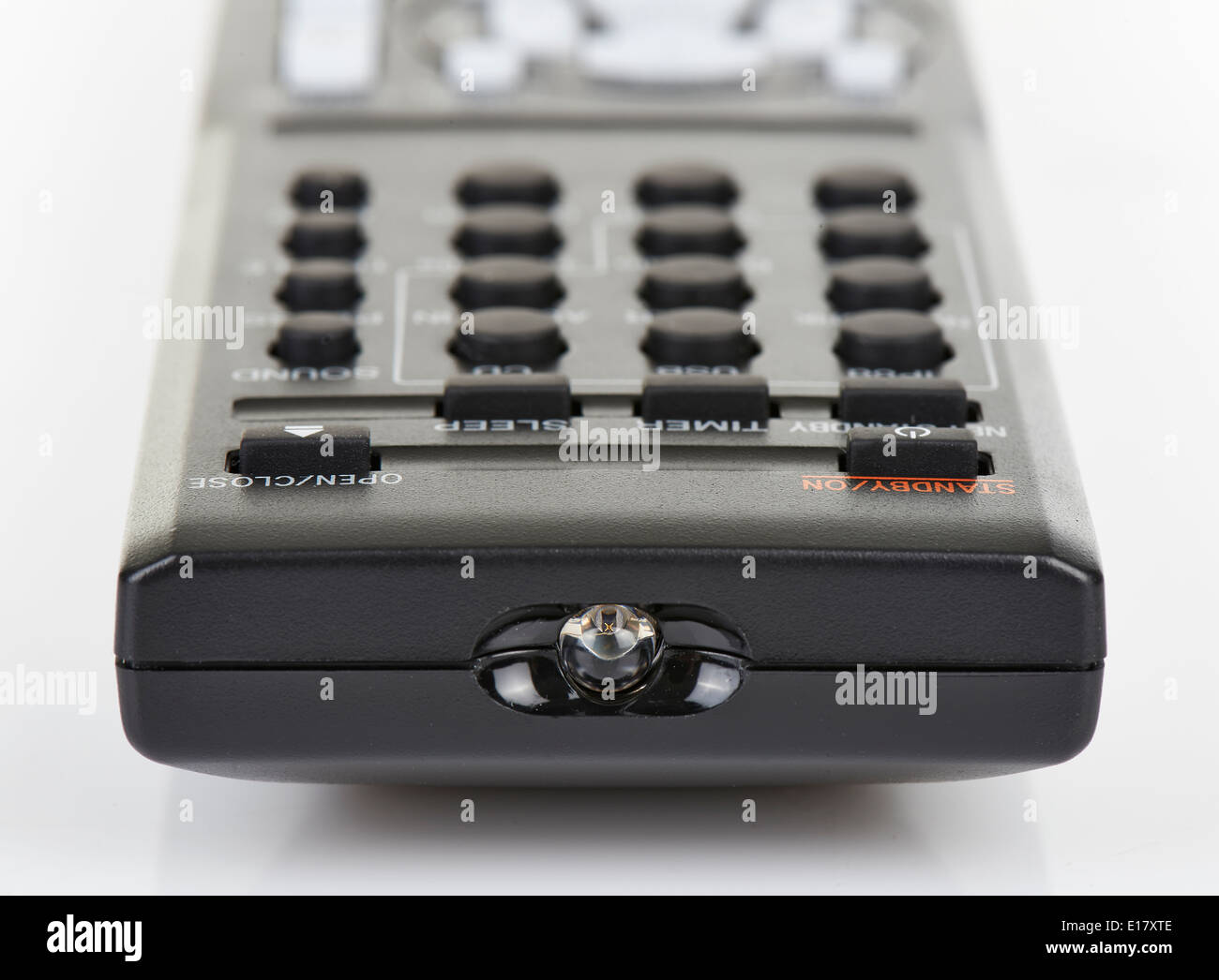 Remote control keypad black in closeup on white background isolated