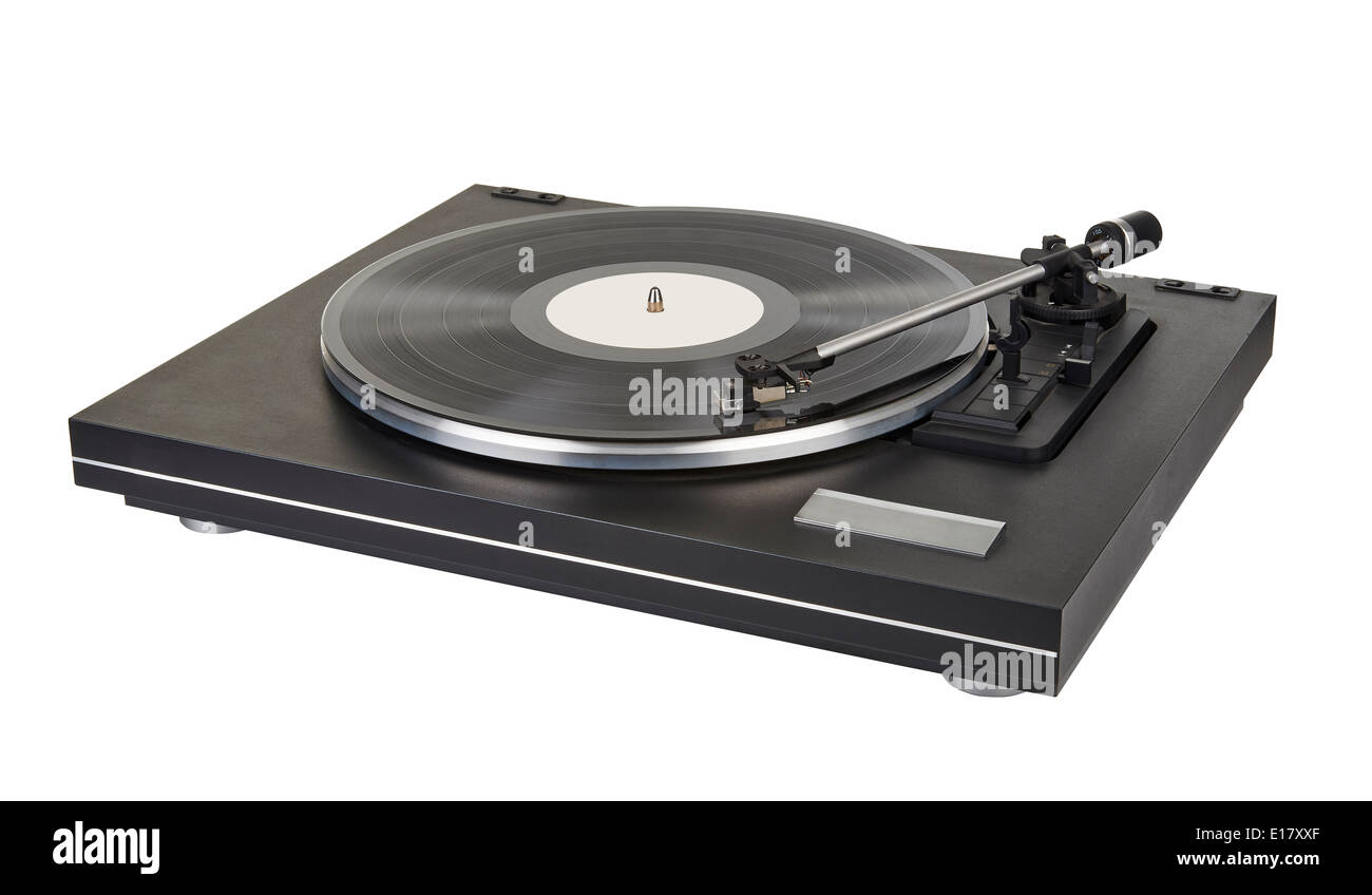 vinyl player on white background, clipping path for the turntable and path for the label on vinyl Stock Photo