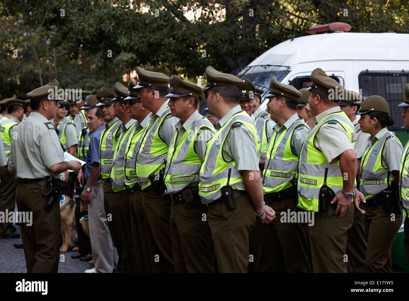 senior officer addressing parade carabineros de chile national police officers in downtown Santiago Chile Stock Photo