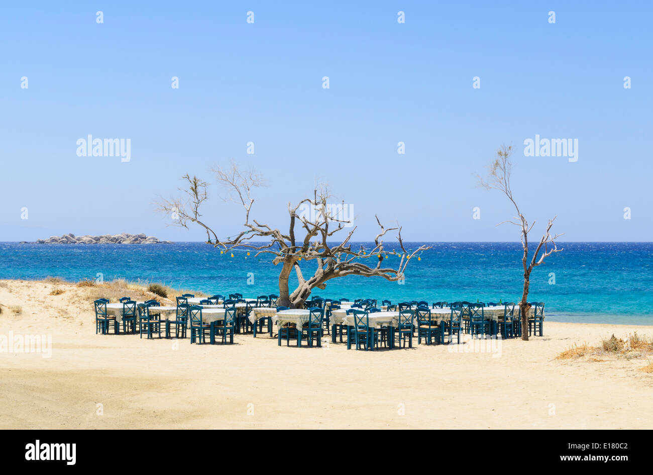 Tables and chairs around a dead tree near the sea at Maragas Beach, Naxos Island, Cyclades, Greece Stock Photo
