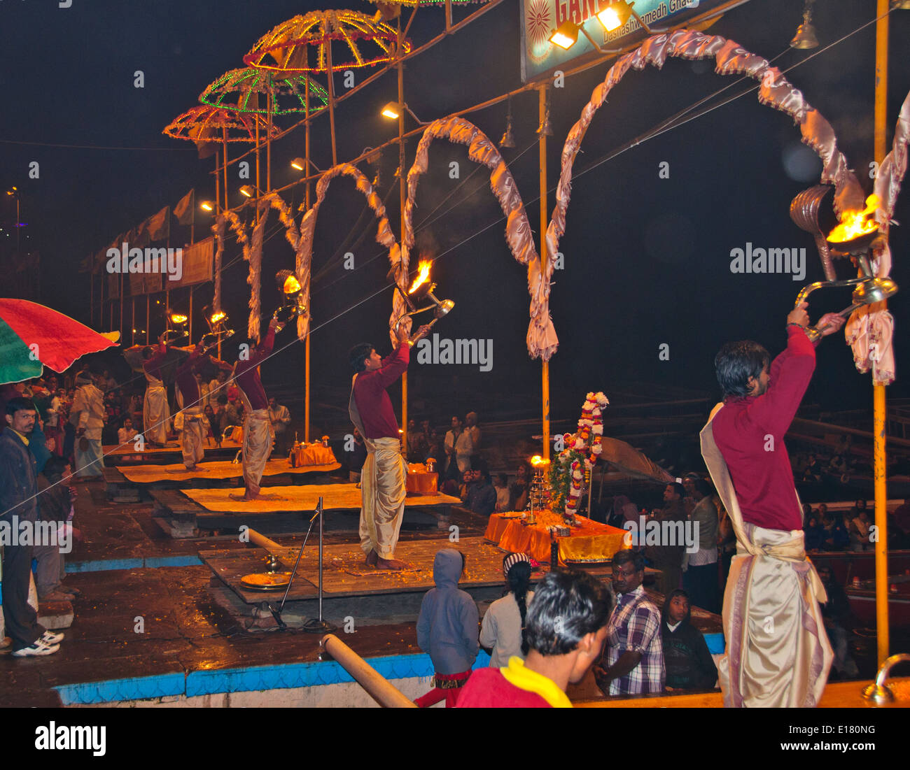 Ganga River,The Ganges,Ghats,Evening Aarti Salutations to the river,oil lamps, bells,chants,Varanasi,Benares,Uttar Pradesh,India Stock Photo