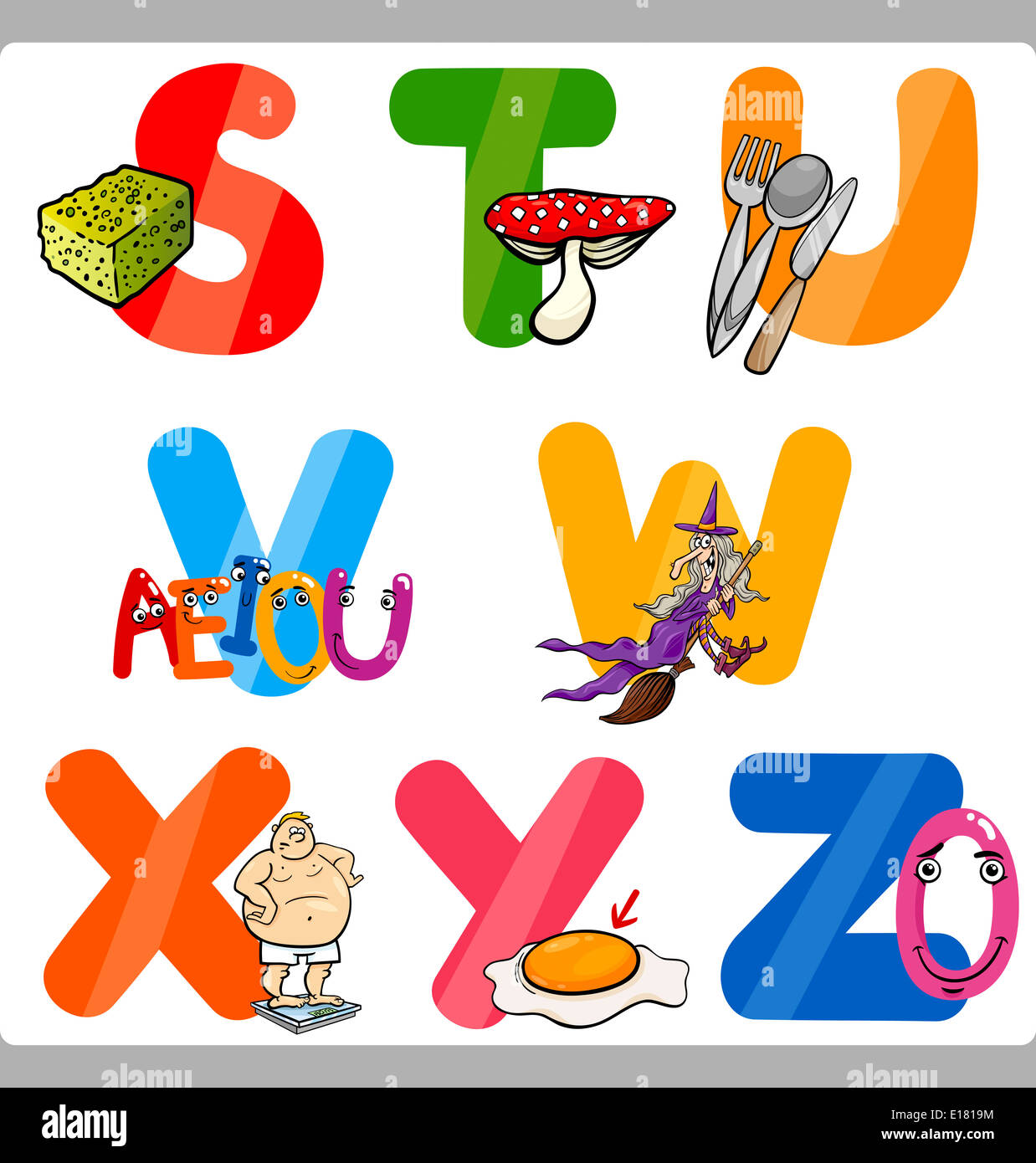 Cartoon Illustration of Funny Capital Letters Alphabet with Objects for Reading and Writing Education for Children from S to Z Stock Photo