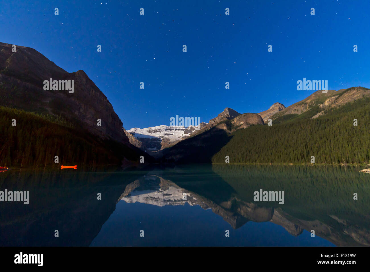 Lake Louise, Banff, Alberta by moonlight, taken August 13, 2011. Taken as part of a 477-frame time lapse movie Stock Photo