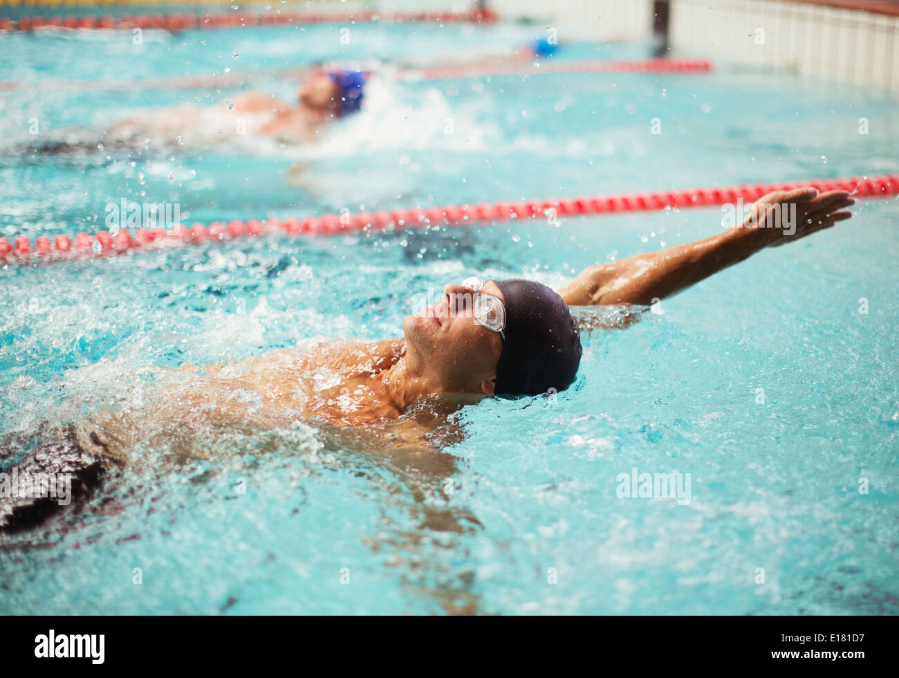 Swimmers racing in backstroke in pool Stock Photo