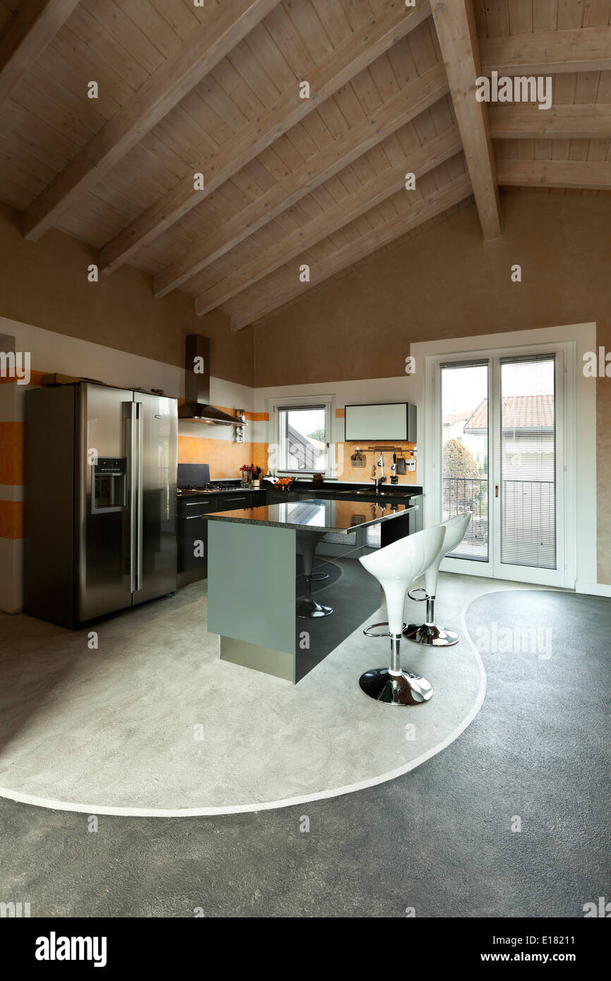 interior, new loft furnished, kitchen island Stock Photo