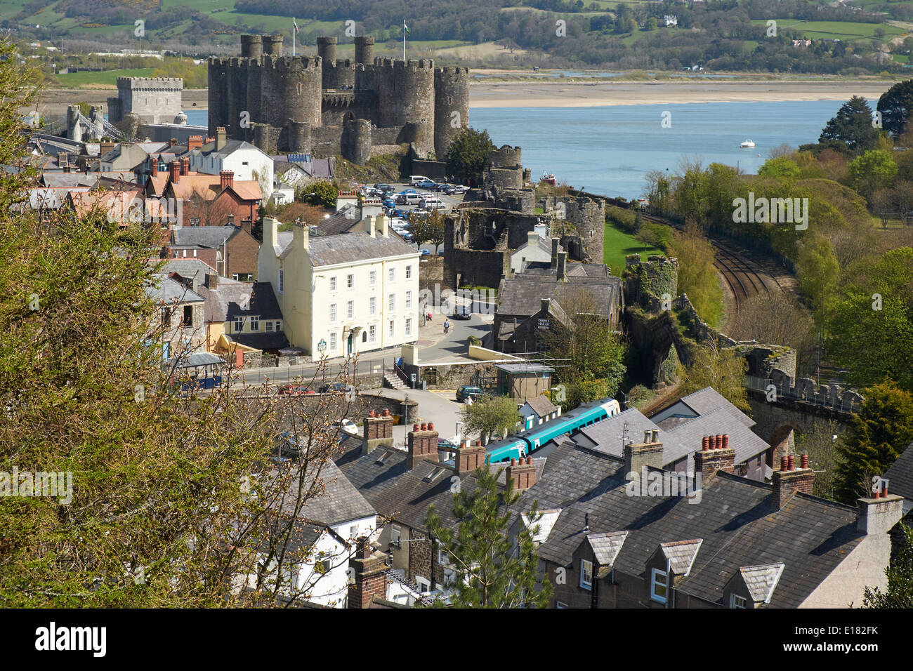 Arriva train at Conwy station from town walls Stock Photo