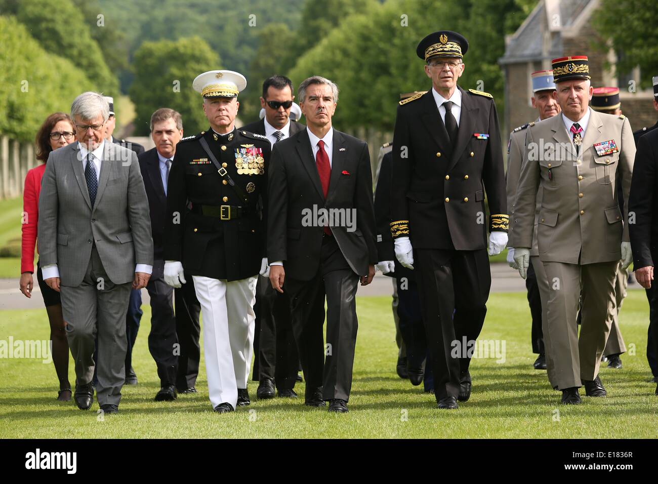 The Commandant of the Marine Corps, General James F. Amos and other American and French dignitaries arrive at the Aisne-Marne American Cemetery to commemorate the Battle of Belleau Wood and Memorial Day May 24, 2014 in Belleau, France. Stock Photo