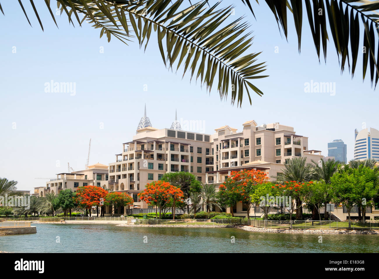 Modern apartment buildings at The Greens residential property development in Dubai United Arab Emirates Stock Photo