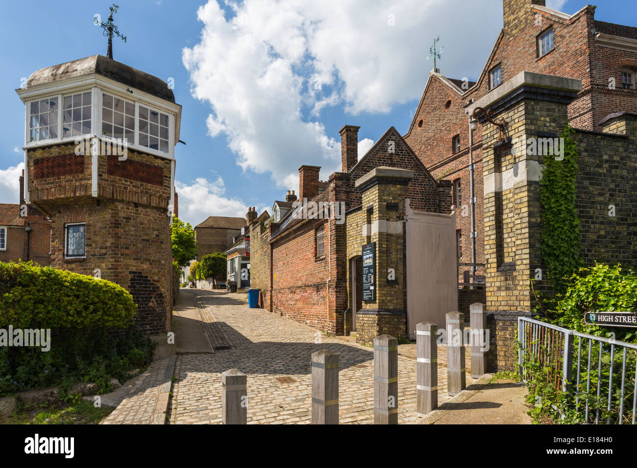 View of High Street in the Village of Upnor showing part of Upnor Castle Stock Photo