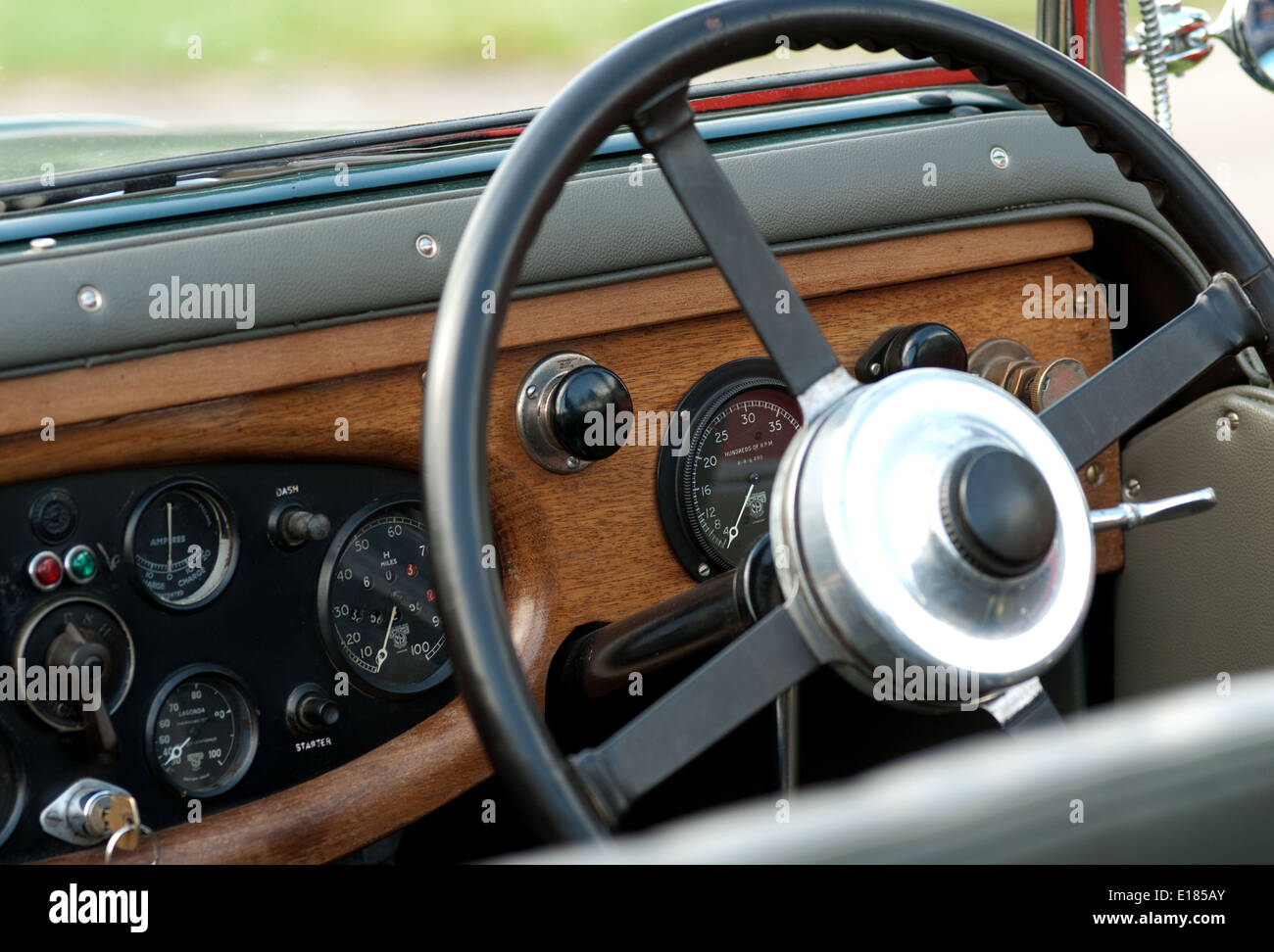 Vintage Car Lagonda steering Wheel and Dashboard Stock Photo