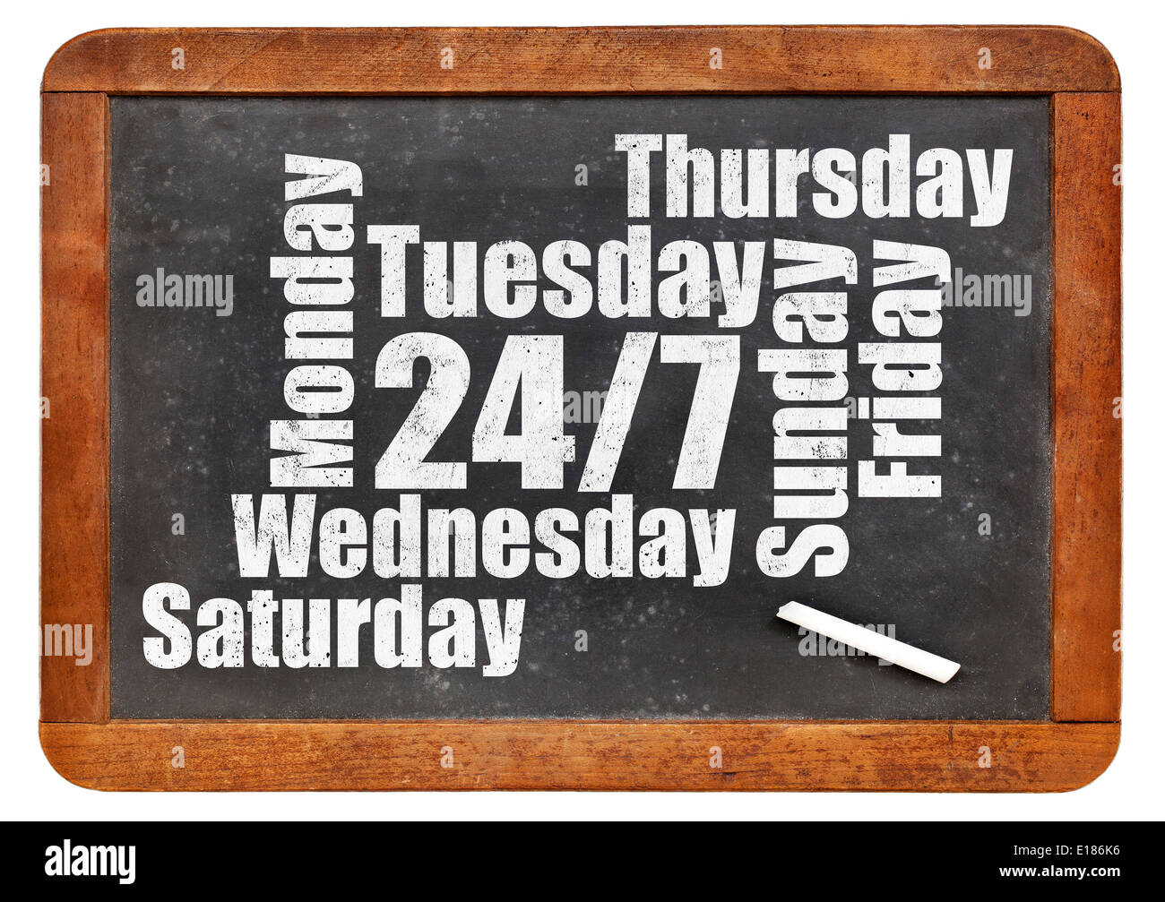 24/7 service word cloud on a vintage blackboard isolated on white Stock Photo