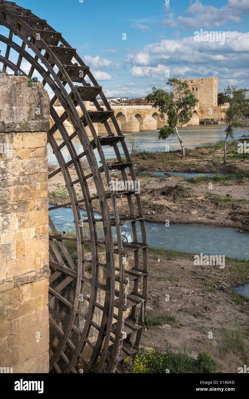 Old water mill on the Guadalquivir river with the Roman bridge and Torre de la Calahorra behind. Cordoba, Andalucia, Spain Stock Photo