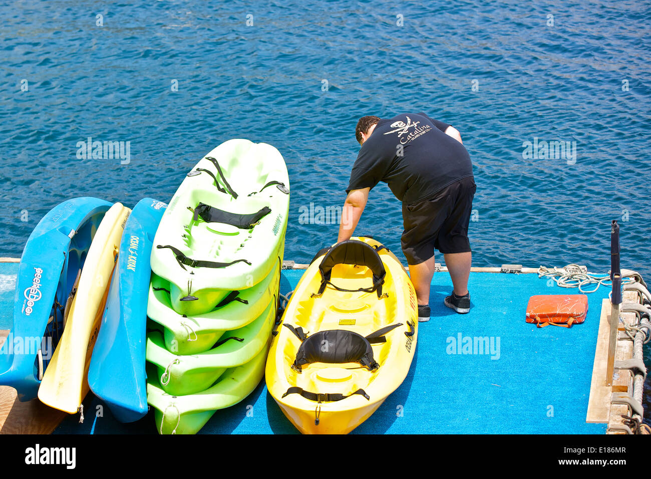 Worker prepares rental Kayaks for the day, Kayak Rental Store In Avalon