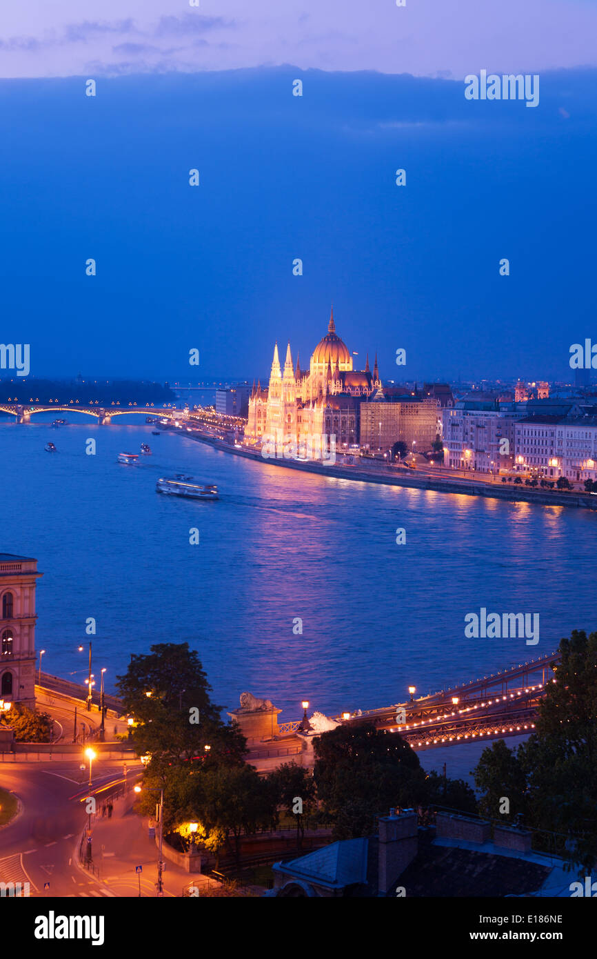 Chain Bridge and parliament panorama in Budapest Stock Photo