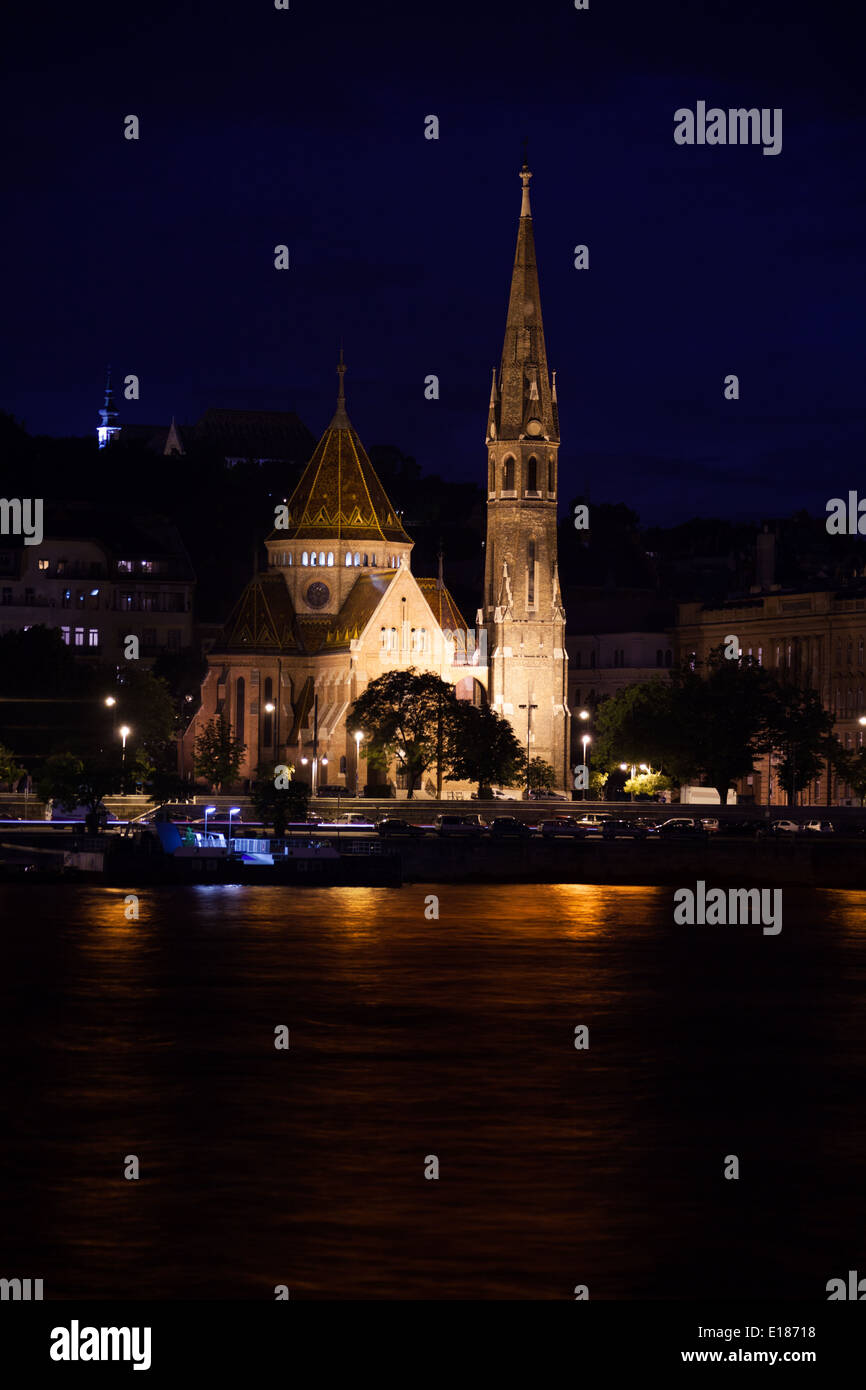 Calvinist Church from Danube river at night Stock Photo
