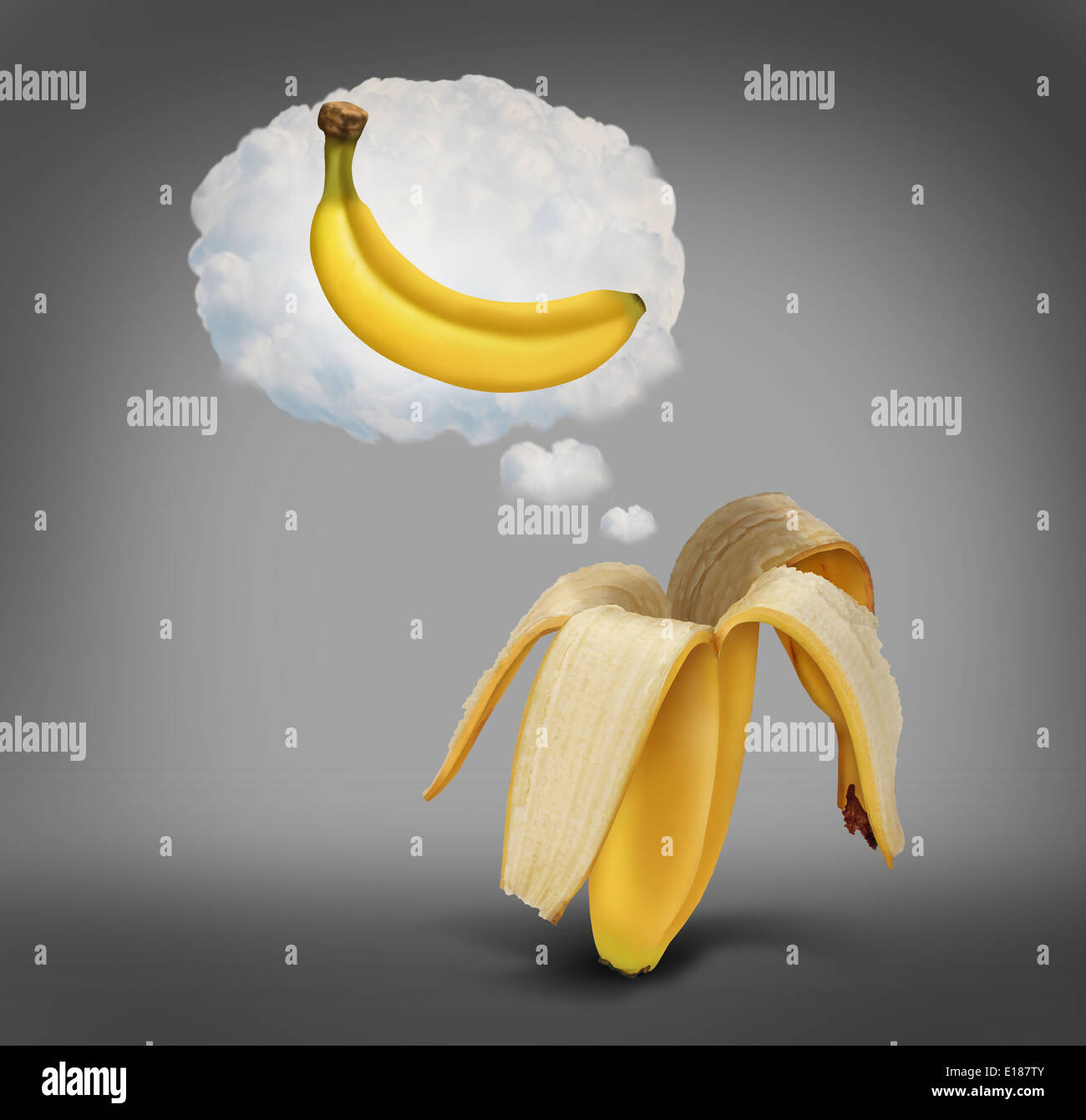 Better days concept as an empty banana skin dreaming of a good future or past success as a full single fruit as a metaphor for optimism and positive outllook on business. Stock Photo