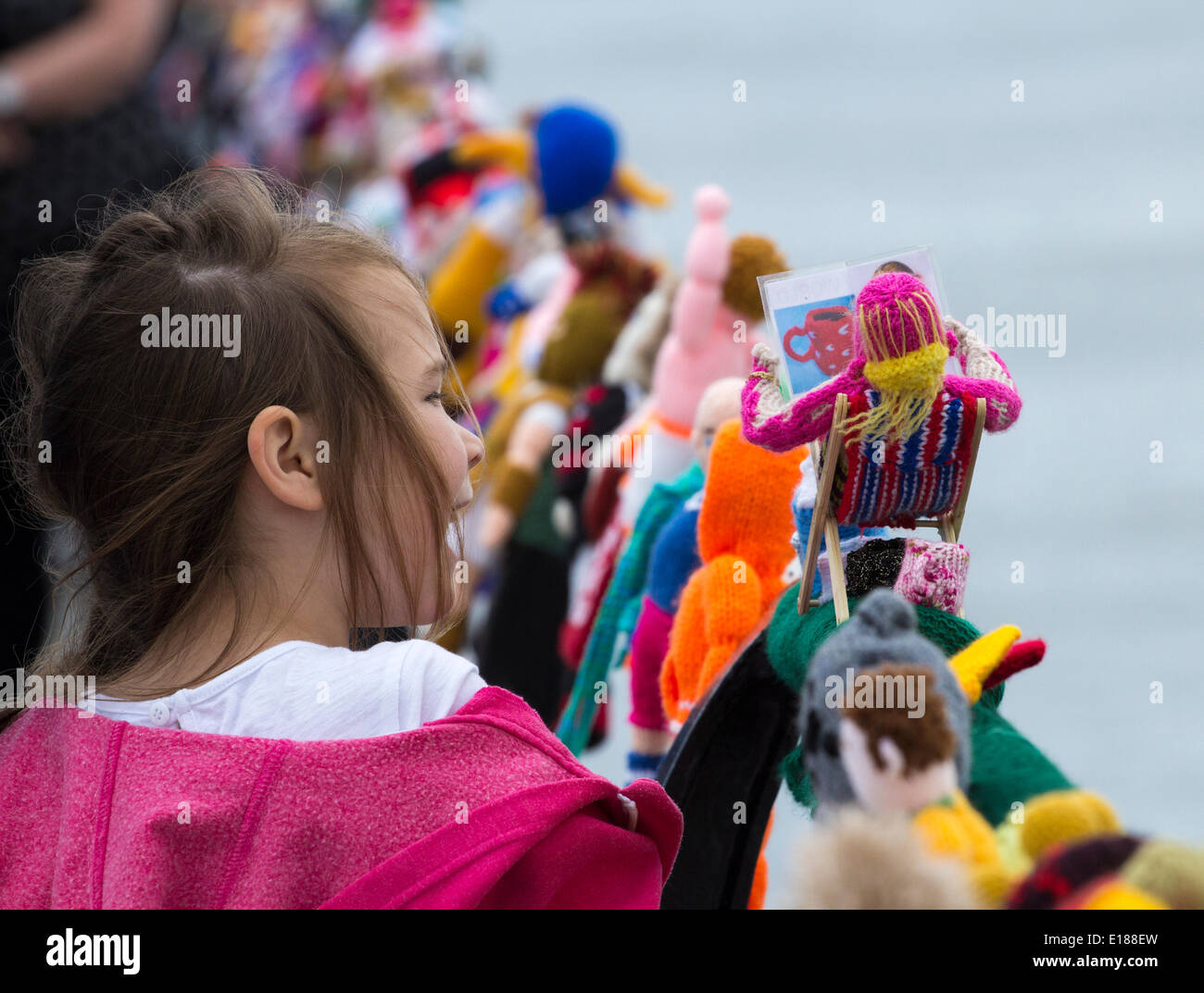 World Cup themed knitted figures on Saltburn Pier. Saltburn, North Yorkshire, England, UK Stock Photo