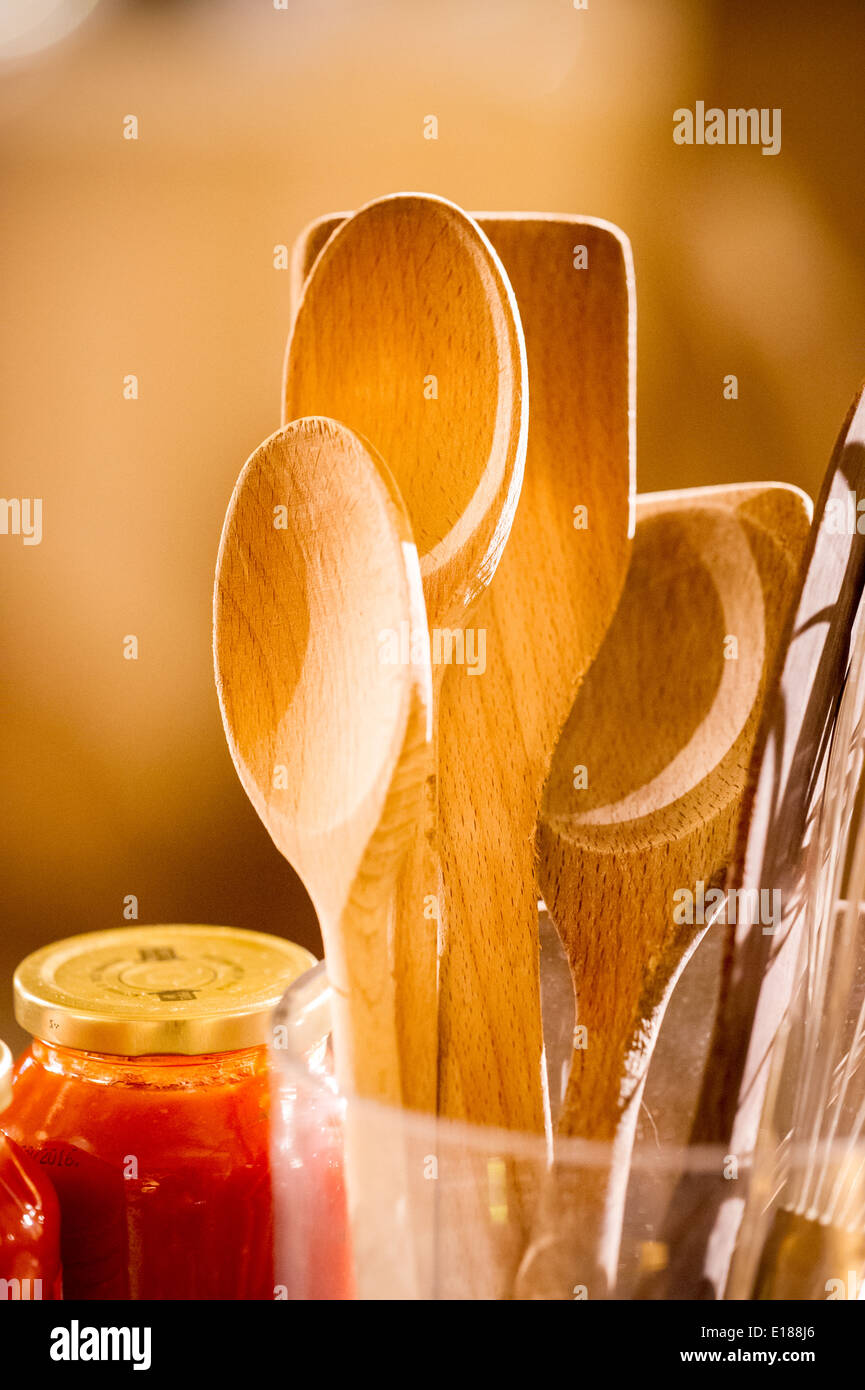 Wooden Spoons in a container in Baltimore, Maryland, USA Stock Photo