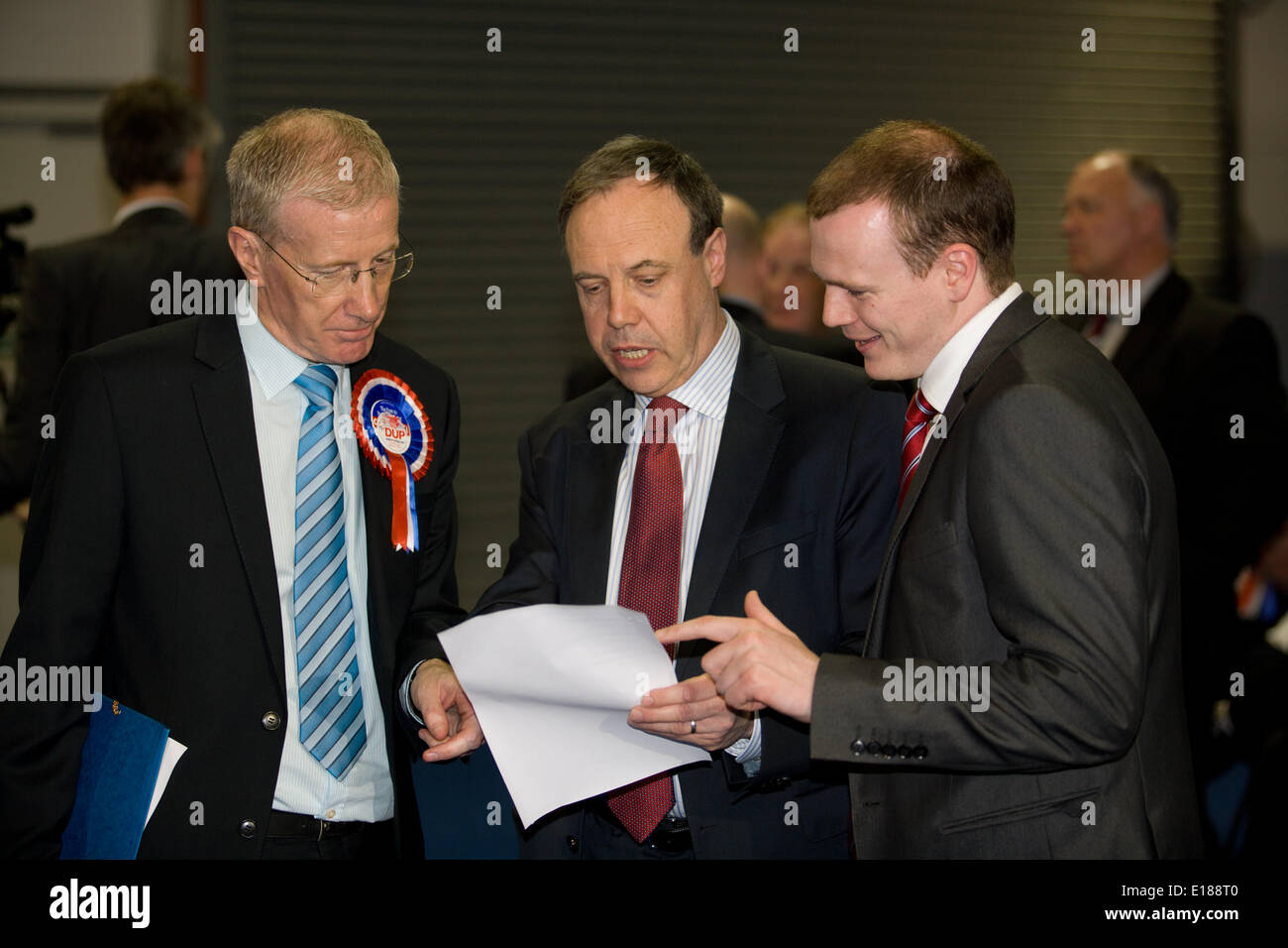 Belfast, UK. 26th May, 2014. Gregory Campbell MLA, Nigel Dodds MP at European Election Results Credit:  Bonzo/Alamy Live News Stock Photo