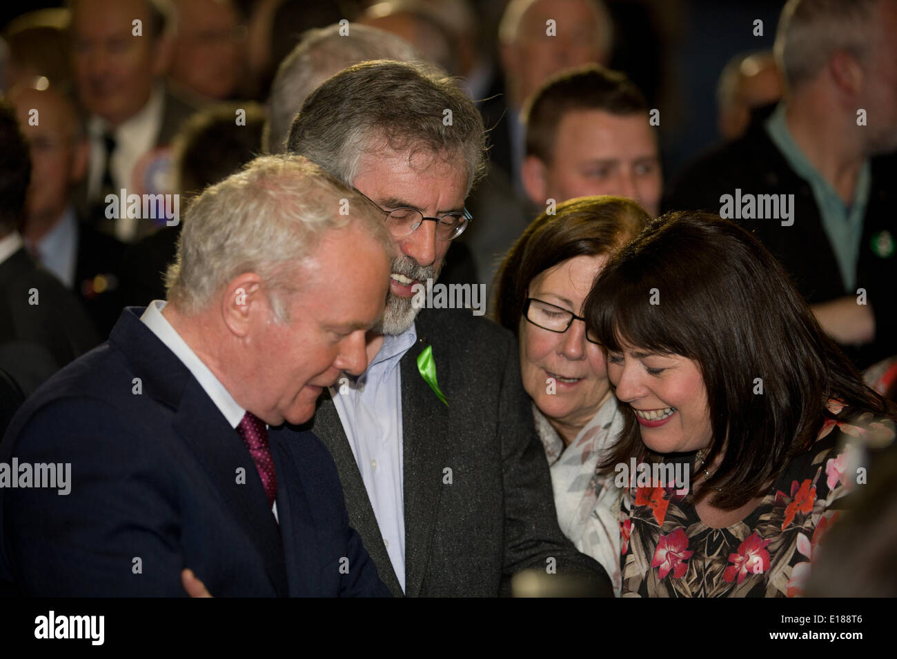 Belfast, UK. 26th May, 2014. Gerry Adams TD Texting with Martin McGuinness and Michelle Gildernew at European Election Results in Belfast Credit:  Bonzo/Alamy Live News Stock Photo