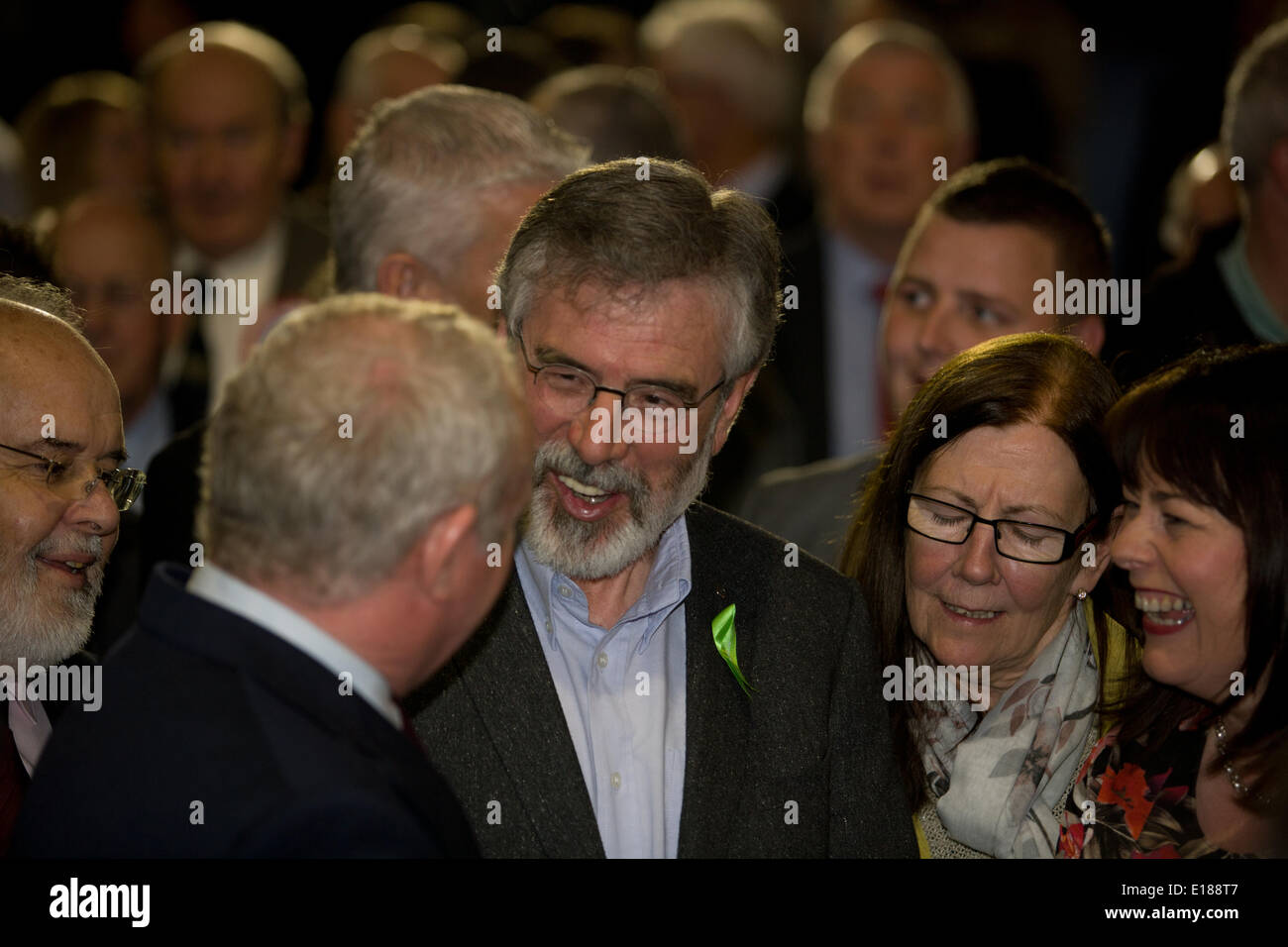 Belfast, UK. 26th May, 2014. Gerry Adams Smiling with Martin McGuinness and Michelle Gildernew at European Election Results in Belfast Credit:  Bonzo/Alamy Live News Stock Photo