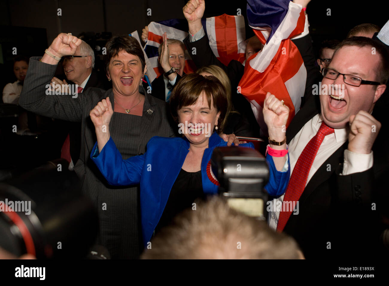 Belfast, UK. 26th May, 2014. Diane Dodds MEP with arms in the Air at European Election Results in Belfast's' King's hall Credit:  Bonzo/Alamy Live News Stock Photo