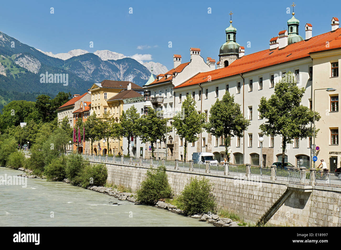 Austria Innsbruck Riverside Buildings Stock Photo