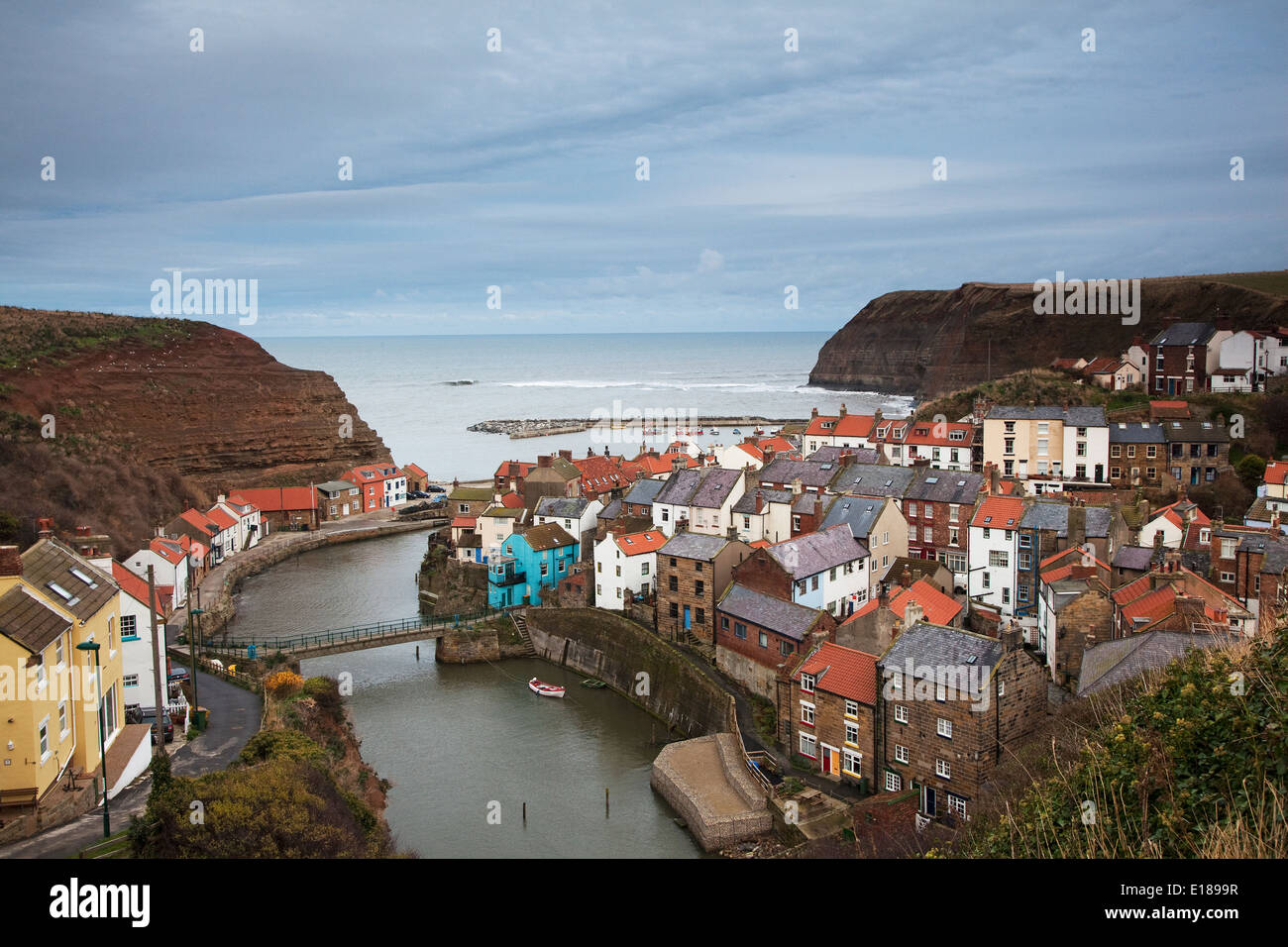 Village and bay, Staithes, Yorkshire, United Kingdom Stock Photo