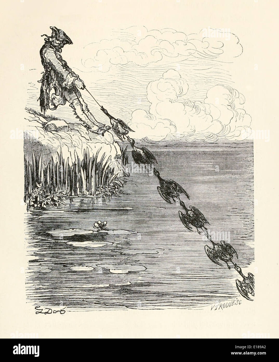 Chapter 2 The Baron catching ducks with bacon fat: "They were strung like pearls". Paul Gustave Doré (1832-1883) Illustration from ‘The Adventures of Baron Munchausen’ by Rudoph Raspe published in 1862. Stock Photo