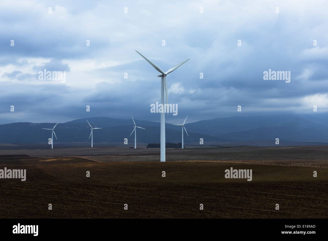 Wind farm in valley, Andaluc’a, Spain Stock Photo