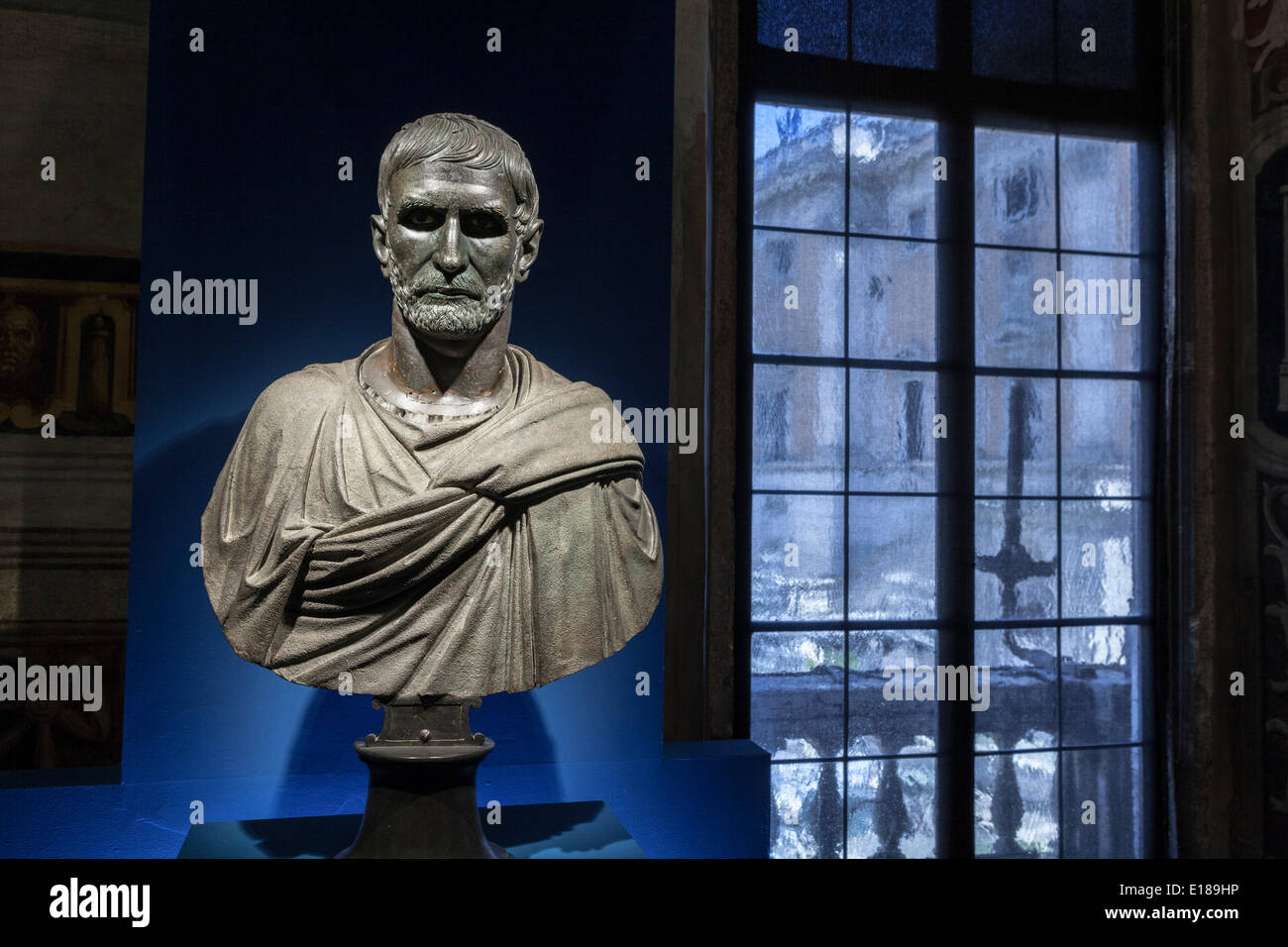 Bronze bust of Brutus Capitalinus at the Capitoline Museum in Rome at exhibition to mark 450th anniversary of death of Michelangelo Buonarroti Stock Photo