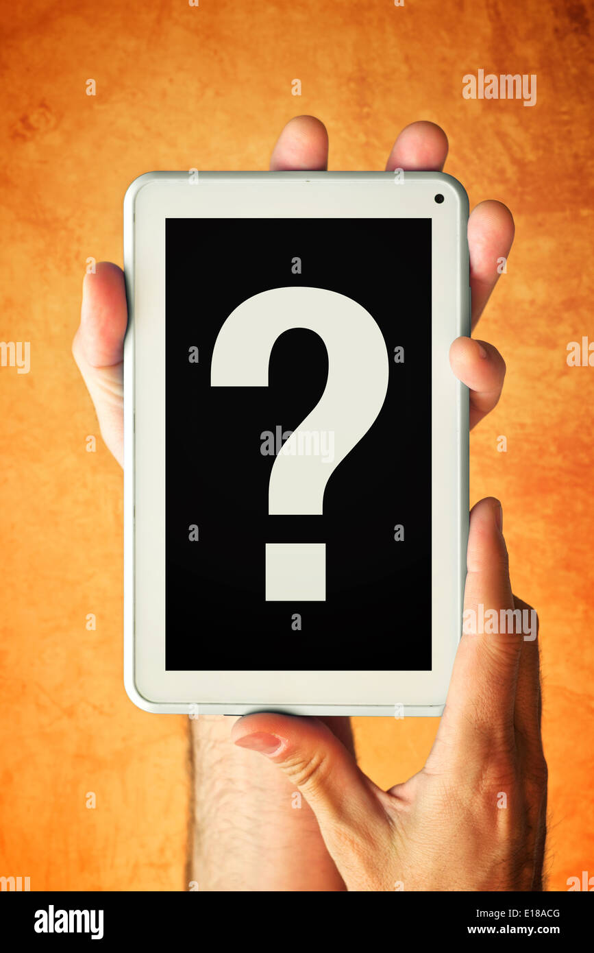 Male Hands with tablet computer and question mark on display. Using