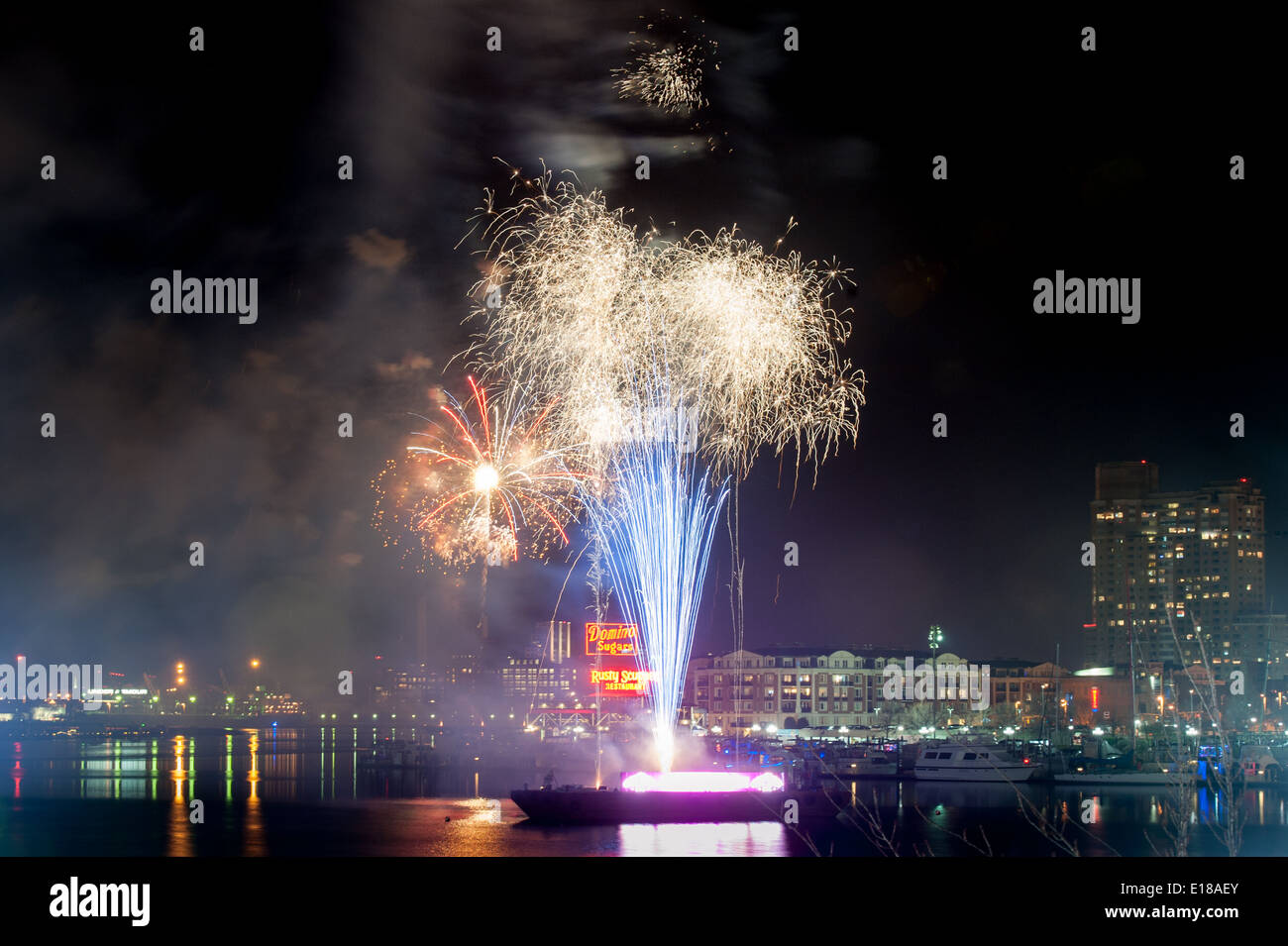 Fireworks during New Years Eve celebration at Baltimore's Inner Harbor