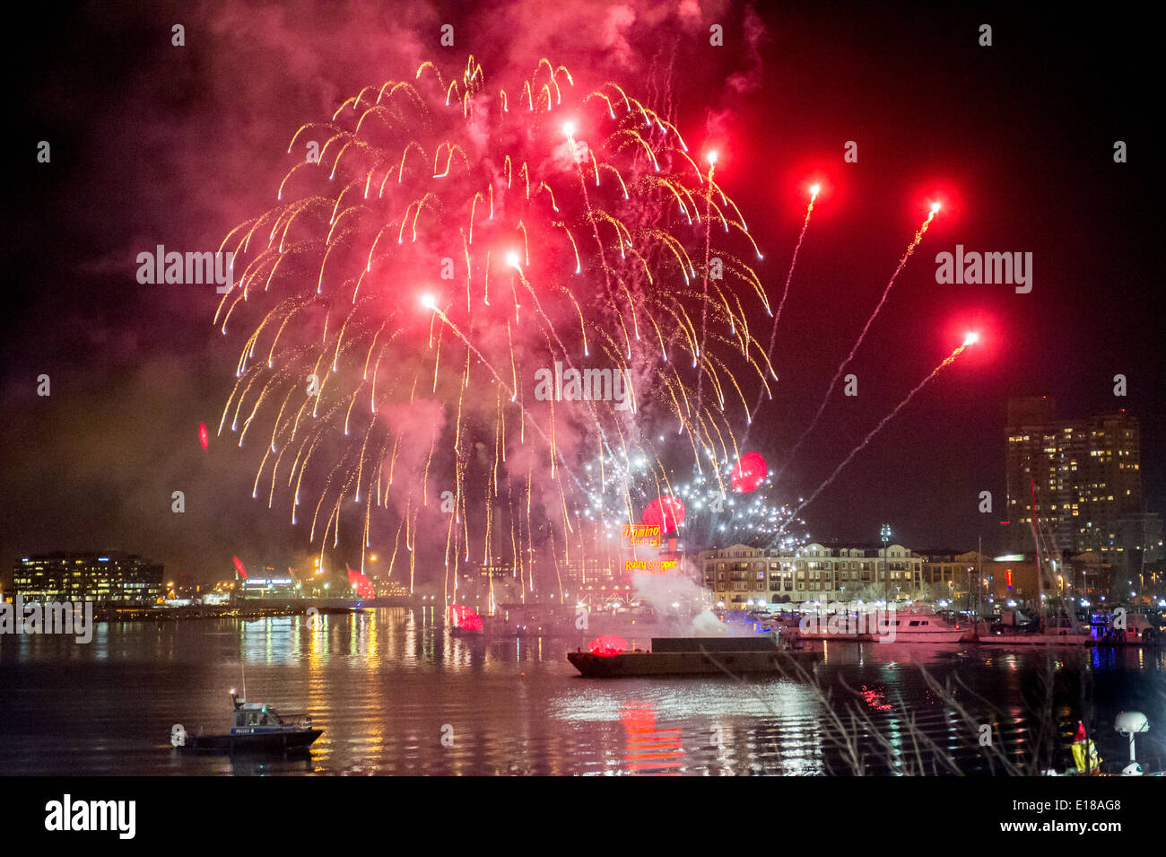 Fireworks during New Years Eve celebration at Baltimore's Inner Harbor