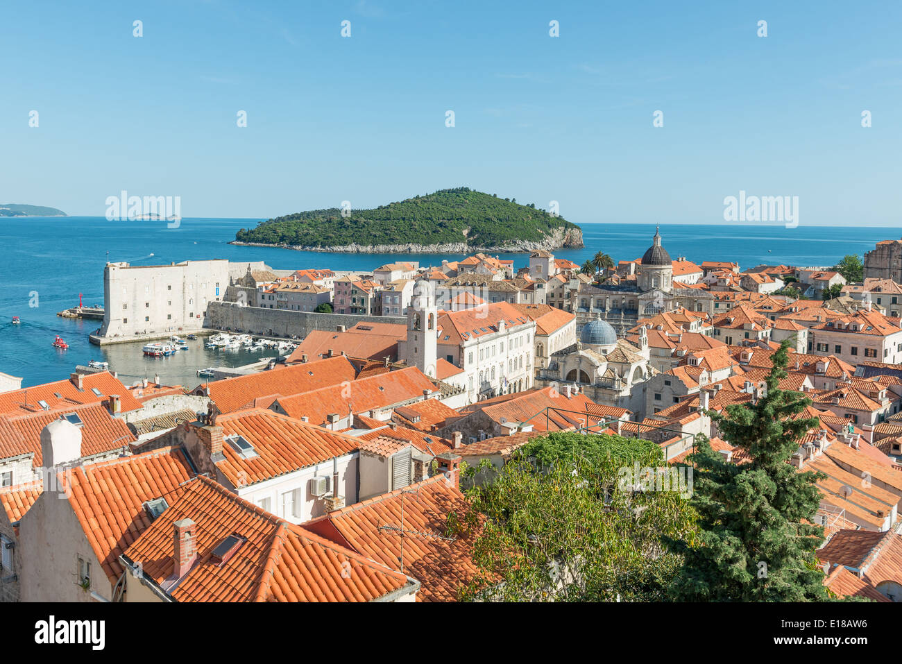 Red rooftops of the old town of Dubrovnik with the sea in the background - Dubrovnik, Croatia Stock Photo