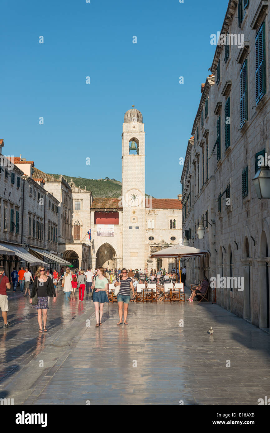 People walking down the street in the Old Town, watch tower, Dubrovnik, Croatia Stock Photo