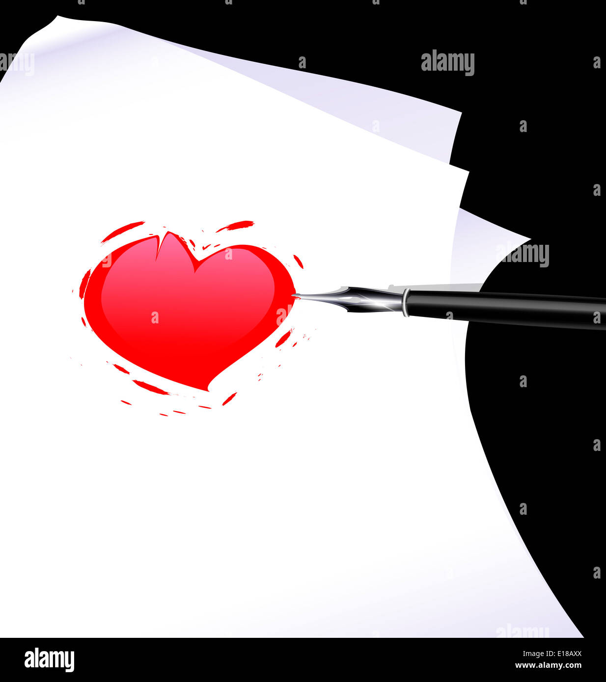 sheet of paper, writing pen and red heart Stock Photo