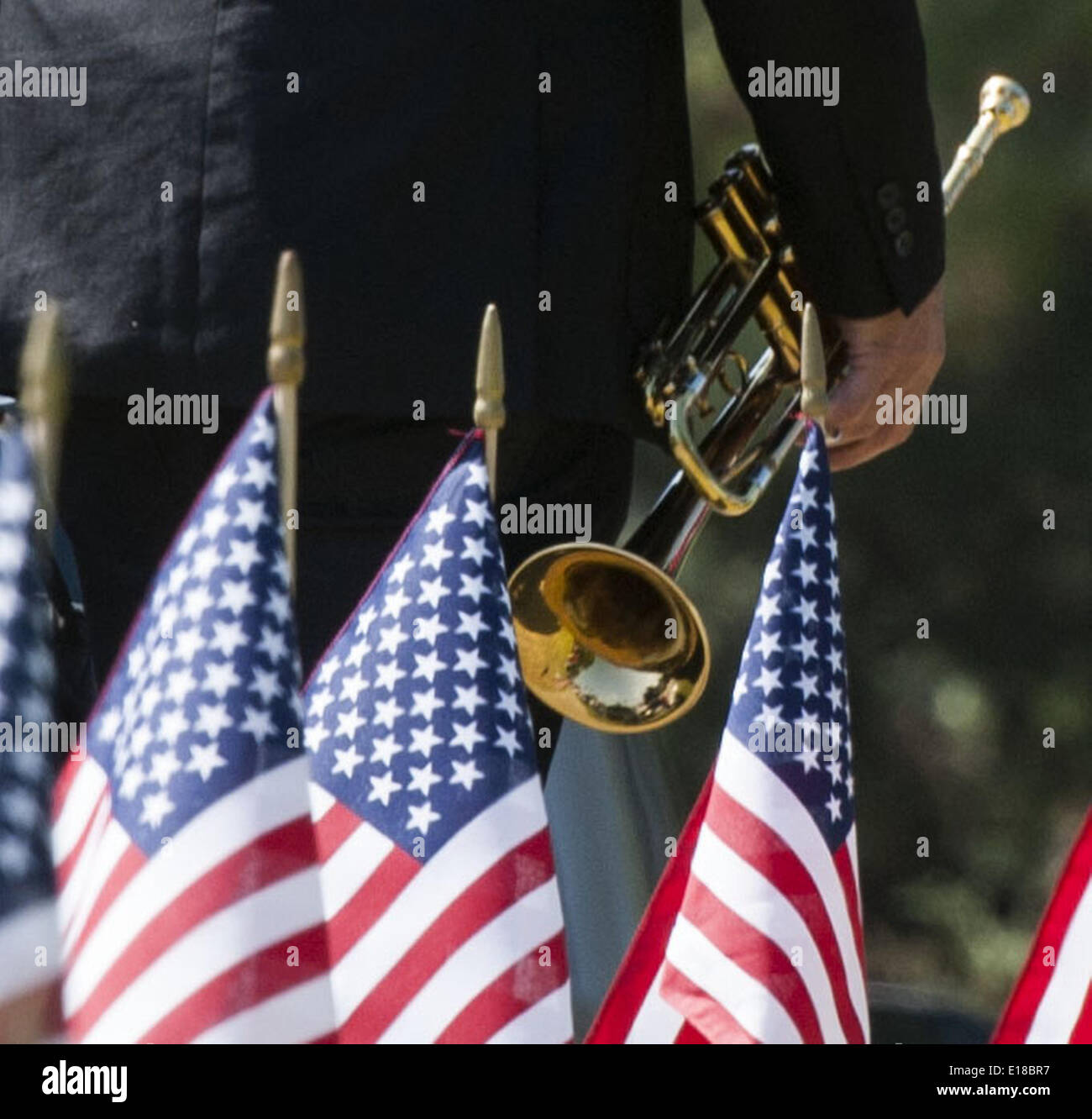 May 26, 2014 - Capistrano Beach/Dana Point, California, U.S - David Longoria came down from Pasadena to play Taps for Monday's Memorial Day ceremony at Pines Park in Capistrano Beach. Taps can be played on trumpet or a bugle and is a traditional Memorial Day honor meant to remember veterans and their sacrifice in service to their country.----Dana Point's Veterans of Foreign Wars Post 9934, along with the Ladies Auxiliary and the City of Dana Point, hosted this year's Memorial Day Ceremony at Pines Park in Capistrano Beach. Credit:  ZUMA Press, Inc./Alamy Live News Stock Photo